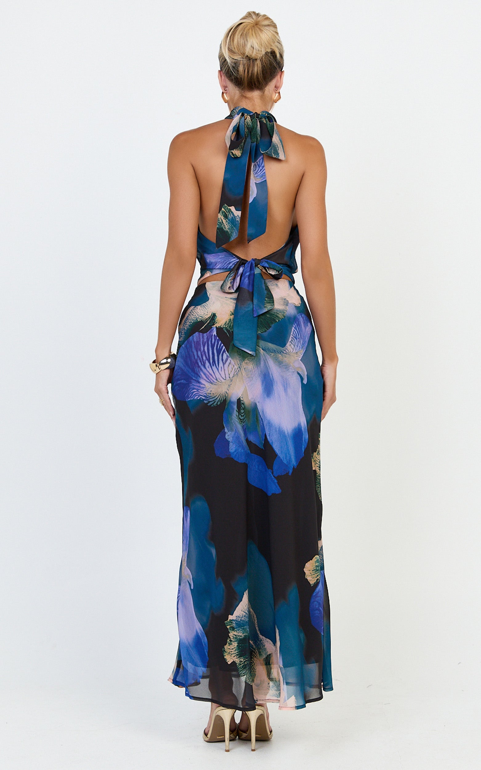 Solara Maxi Skirt - Bias Cut A Line Skirt in Midnight Resort Orchid Print