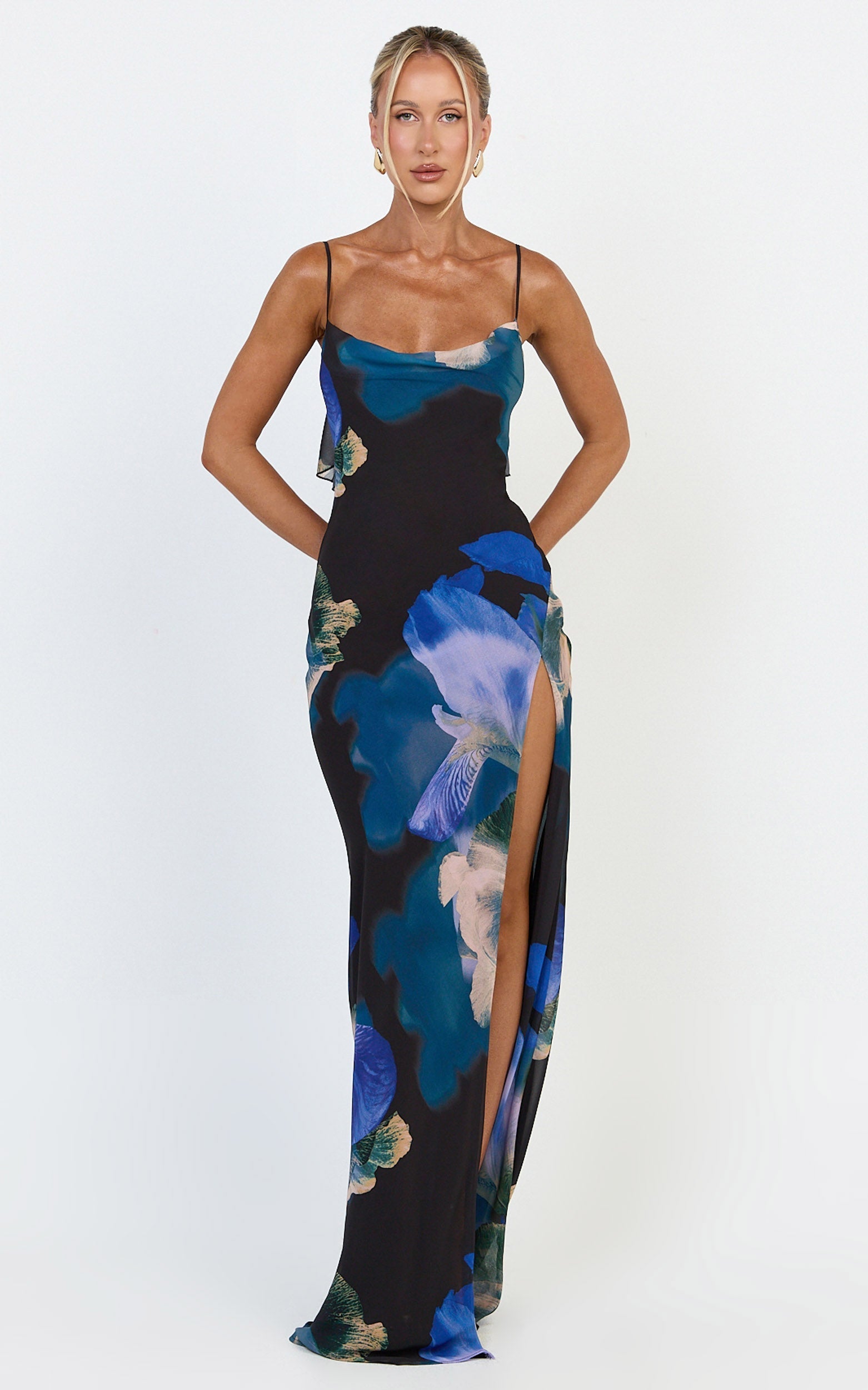 Solara Maxi Dress - Cowl Neck Backless Dress in Midnight Resort Orchid Print