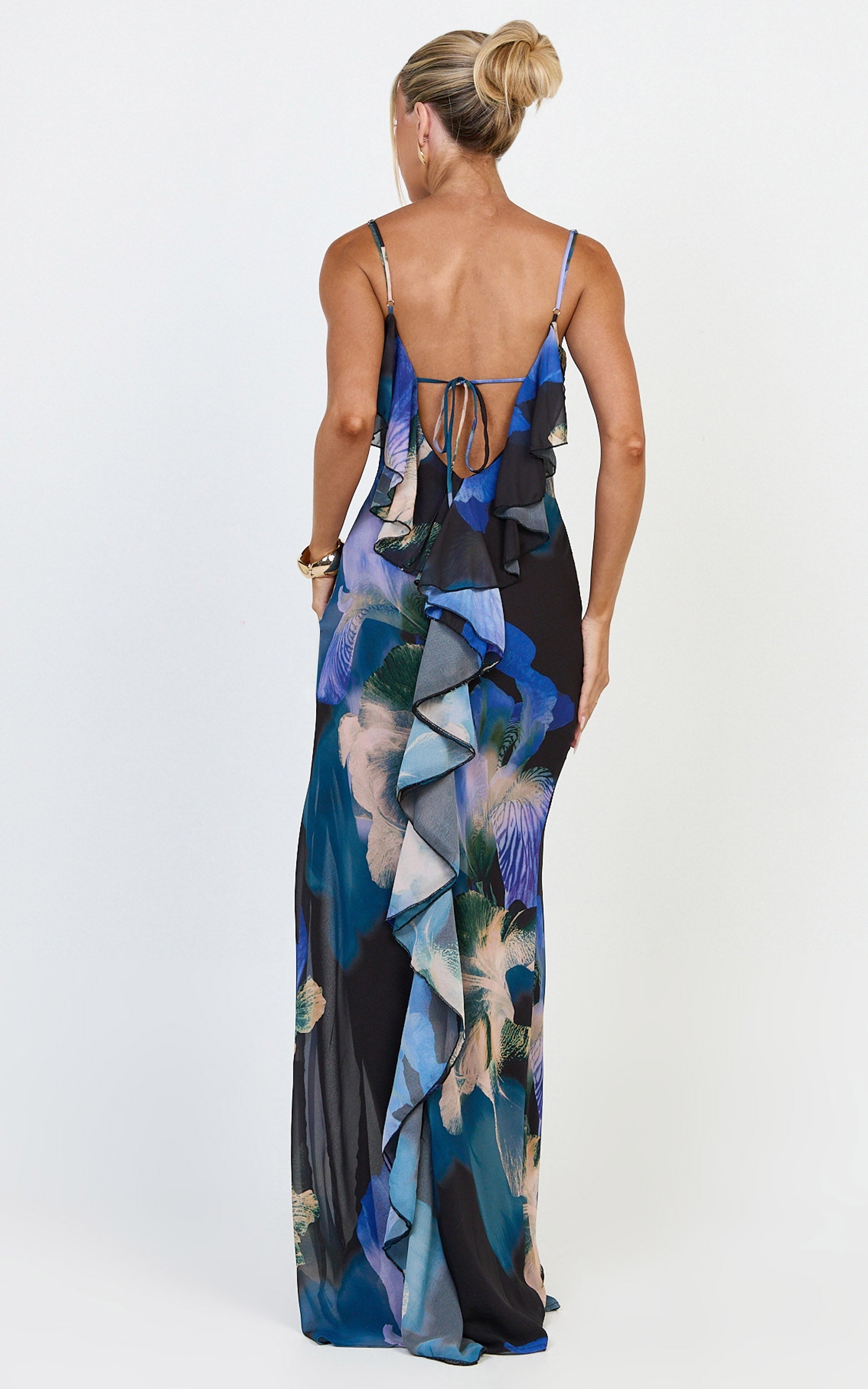 Solara Maxi Dress - Cowl Neck Backless Dress in Midnight Resort Orchid Print