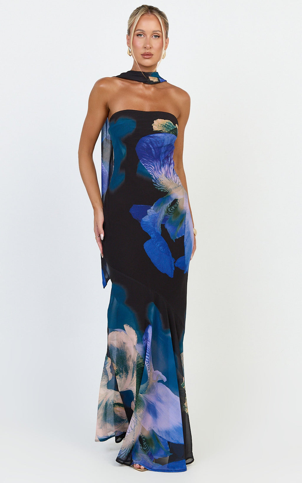 Solara Maxi Dress - Strapless Bias Column Dress with Scarf in Midnight Resort Orchid Print