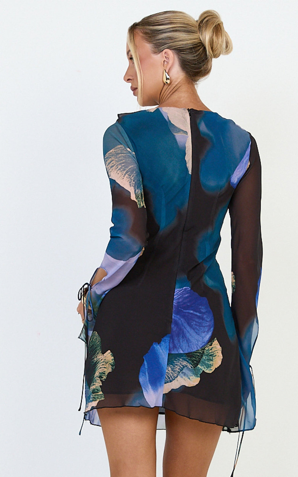 Solara Mini Dress - Long Sleeve Tie Front Dress in Midnight Resort Orchid Print