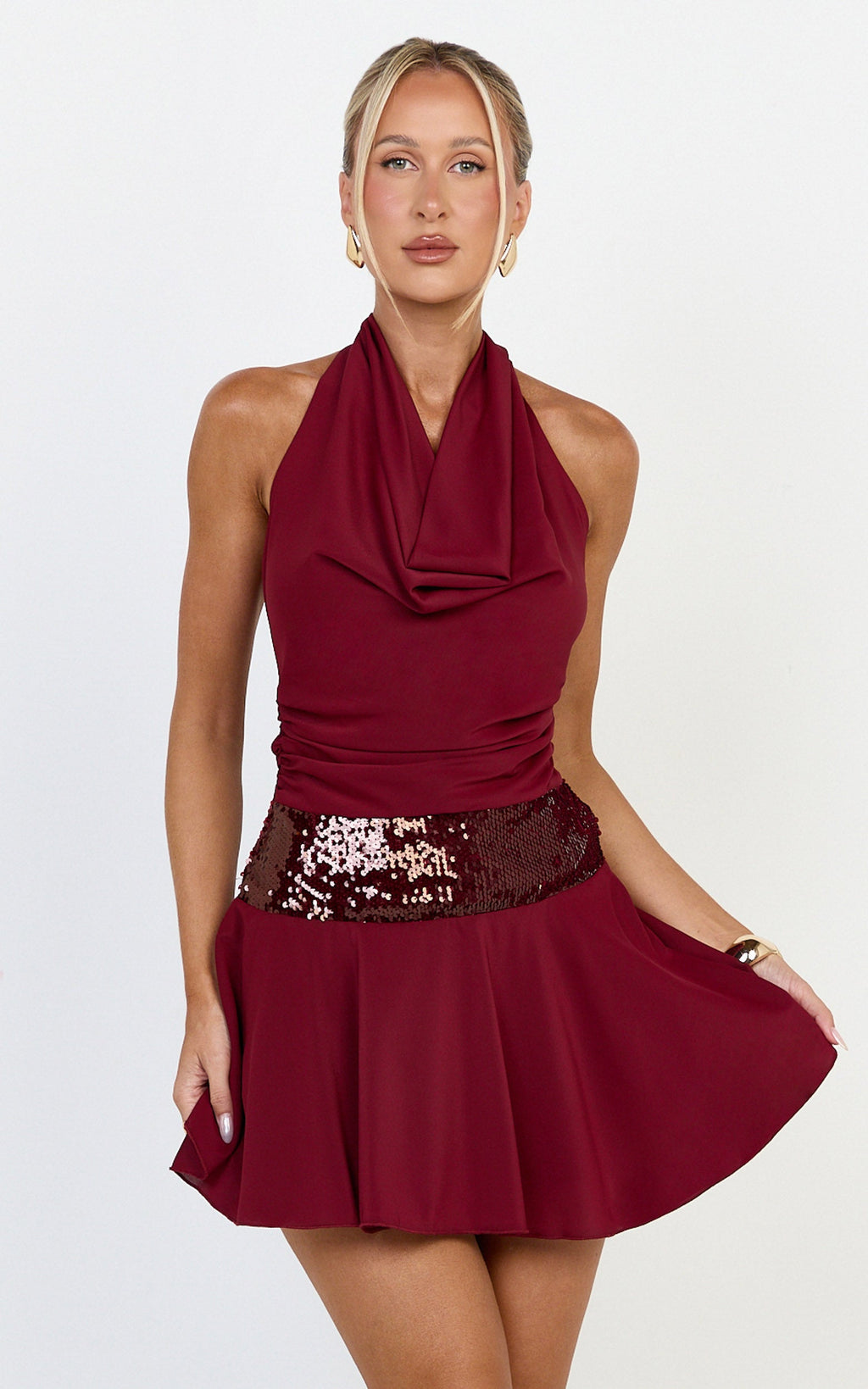 Evianne Mini Dress - Cowl Neck Sequin Drop Waist Halter Dress in Wine