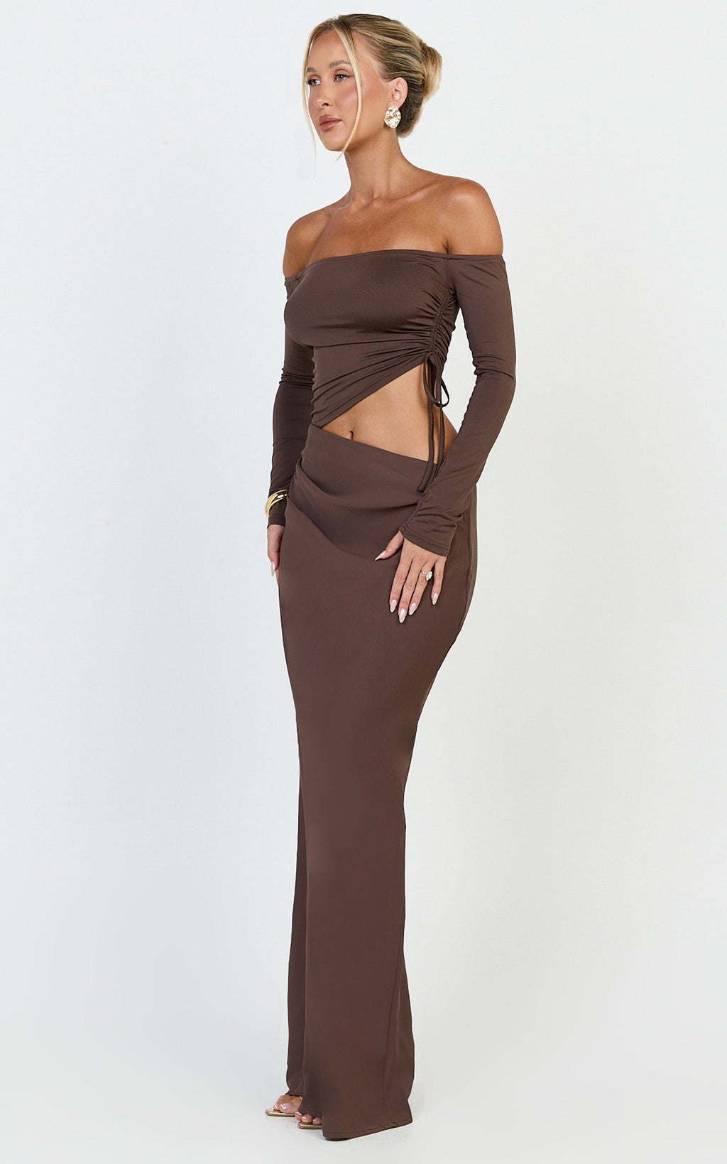 Tallulah Maxi Dress - Off Shoulder Long Sleeve Side Ruched Cut Out Dress in Chocolate