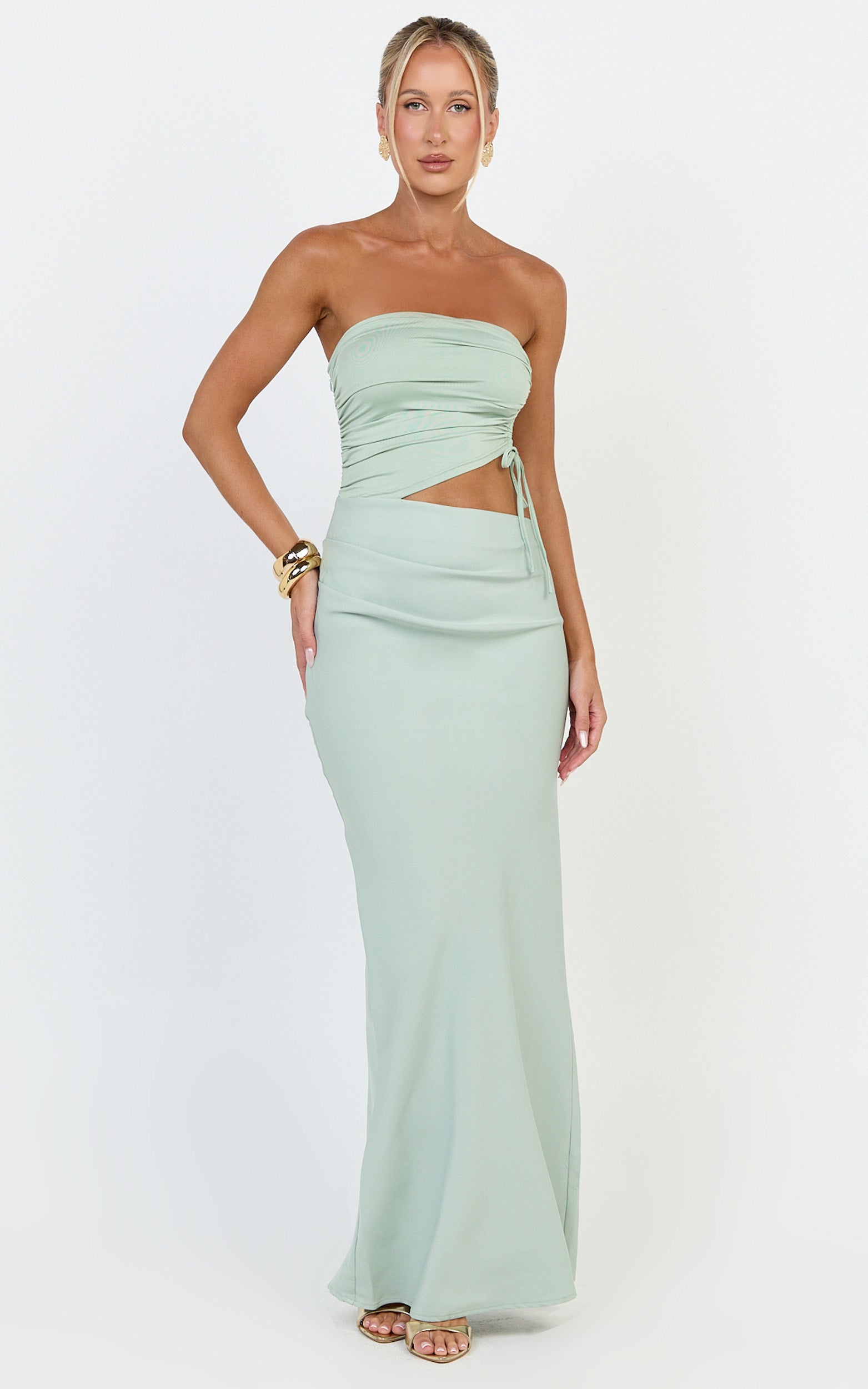Fergie Maxi Dress - Strapless Side Ruched Cut Out Fitted Dress in Sage
