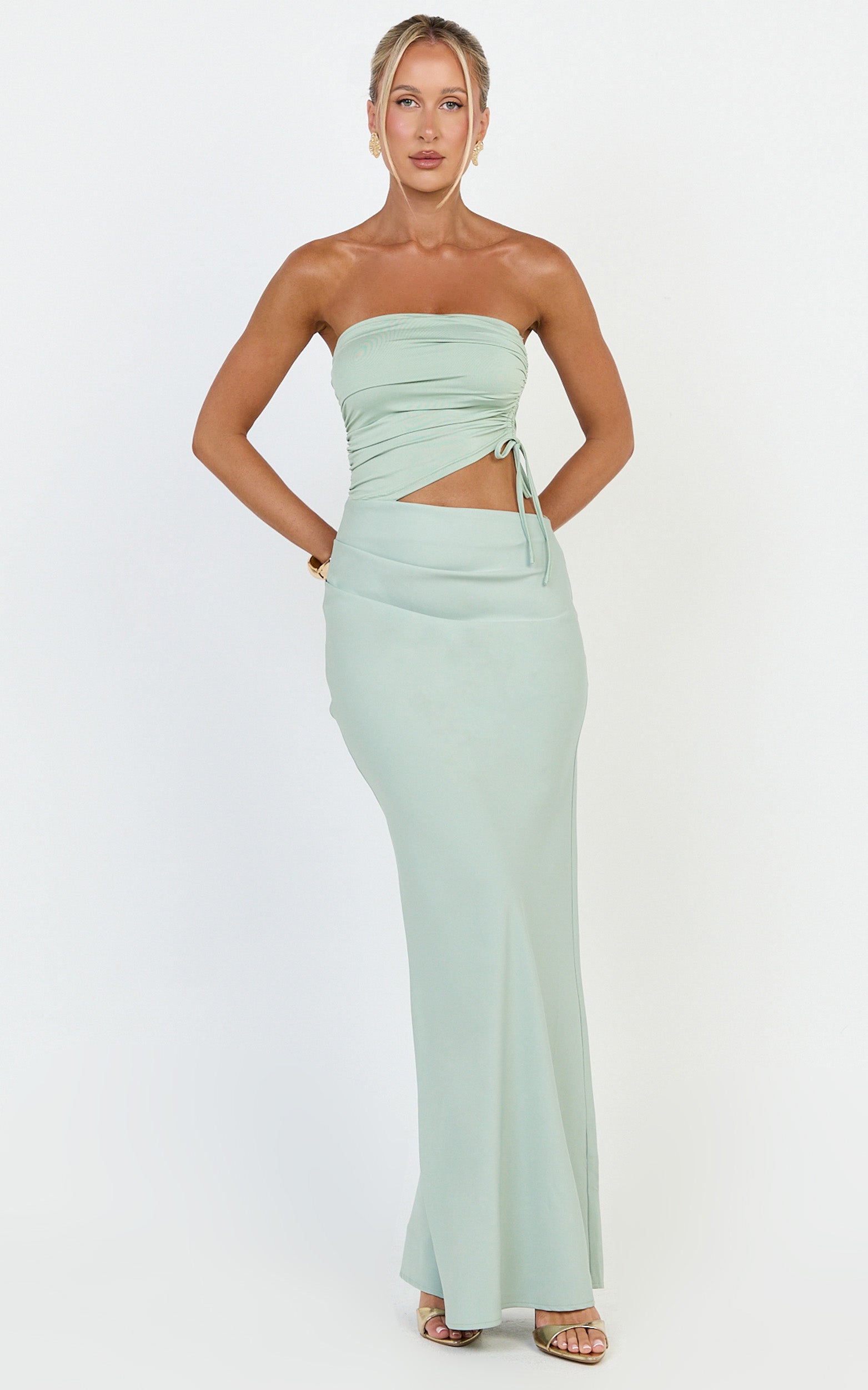 Fergie Maxi Dress - Strapless Side Ruched Cut Out Fitted Dress in Sage