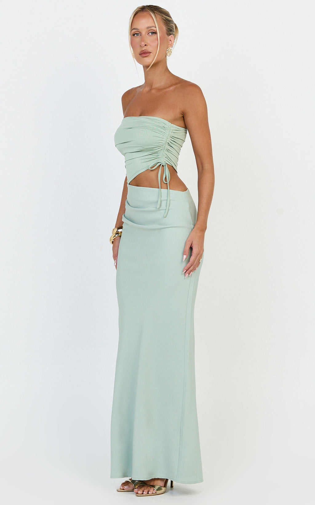 Fergie Maxi Dress - Strapless Side Ruched Cut Out Fitted Dress in Sage