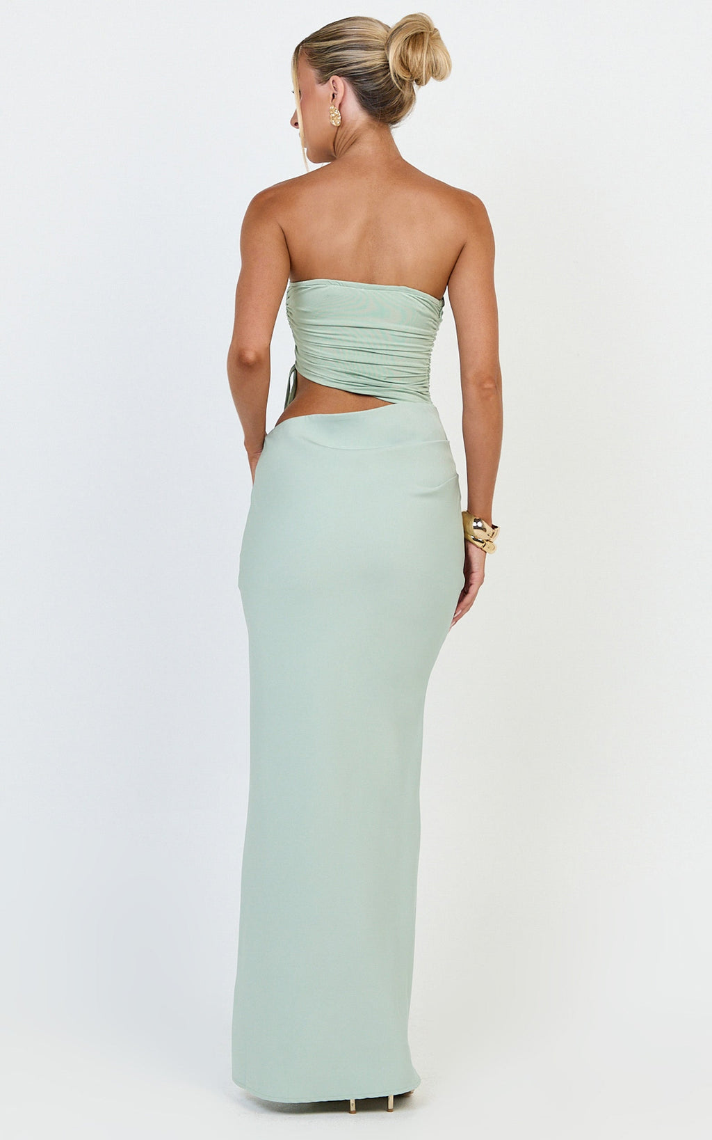 Fergie Maxi Dress - Strapless Side Ruched Cut Out Fitted Dress in Sage