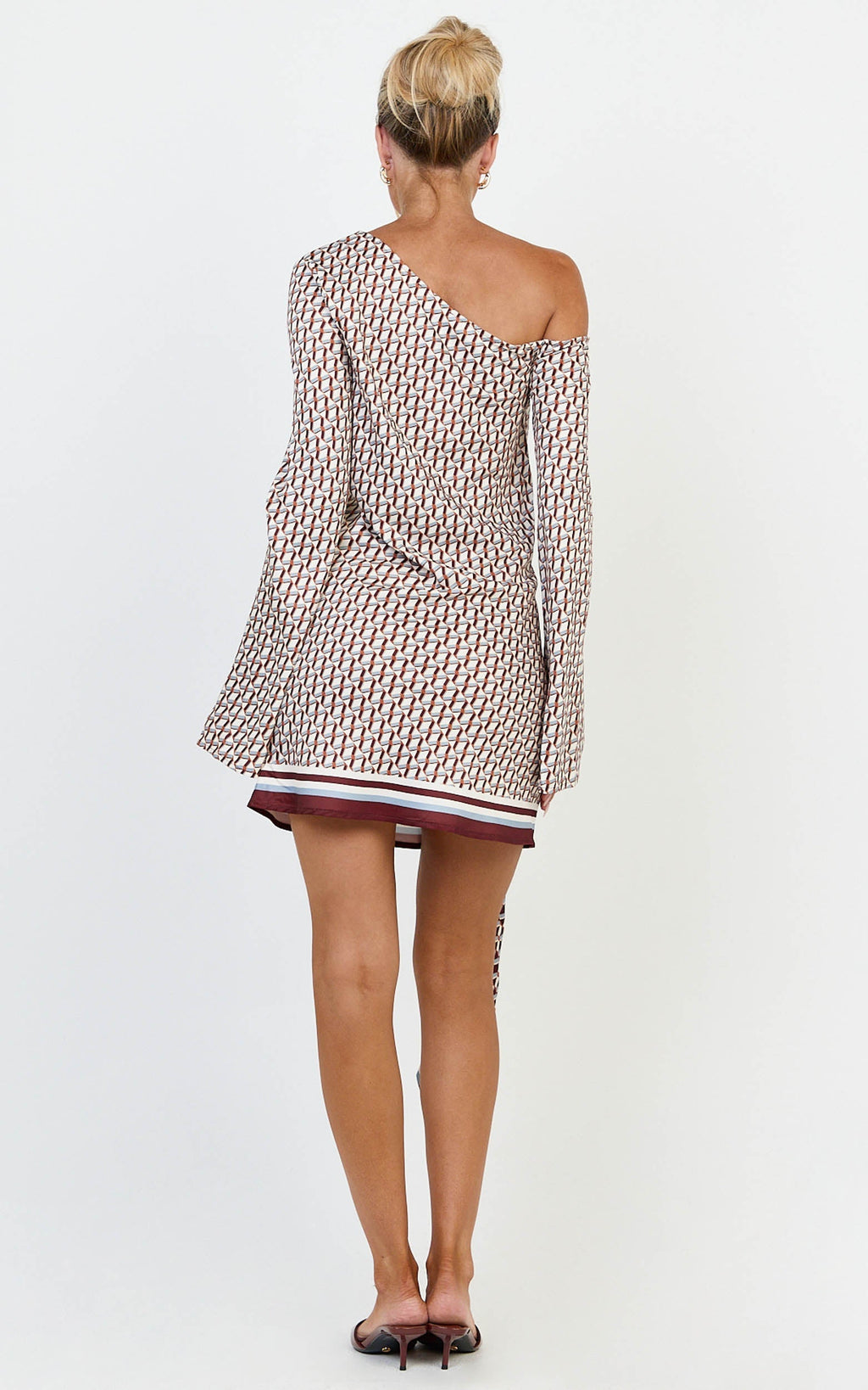 Noelle Mini Dress - Geo Print Off Shoulder Tie Front Dress in Geo Border Print
