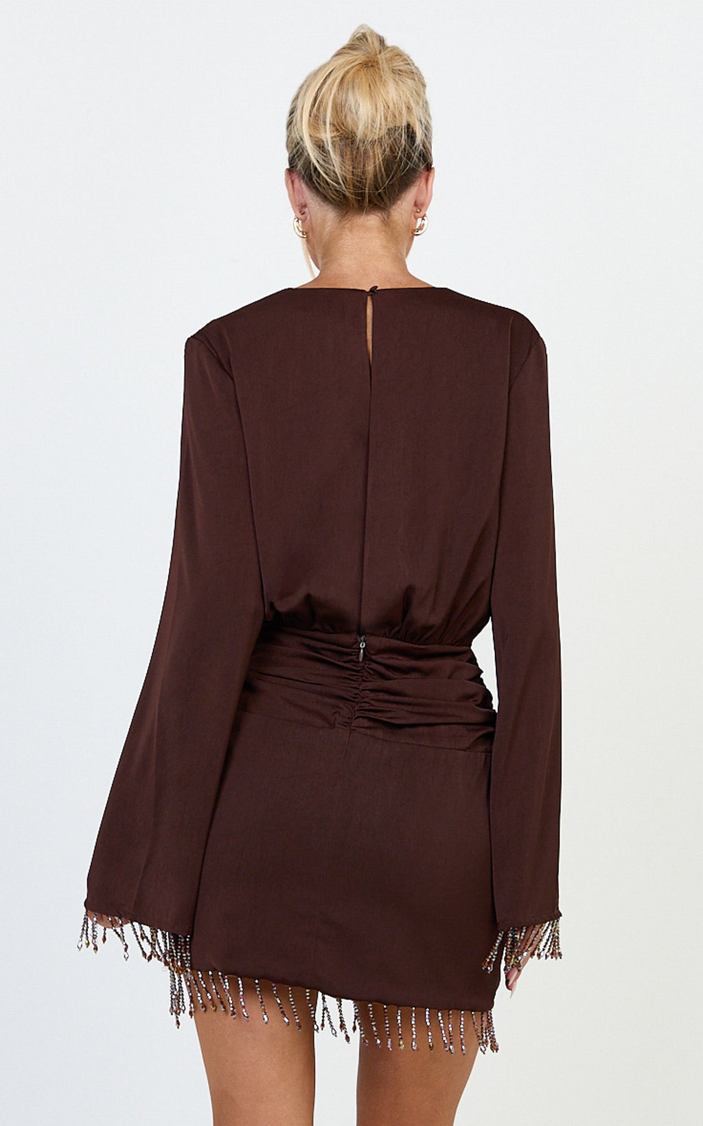 Azura Mini Dress - Long Sleeve Beaded Trim Plunge Neck Dress in Chocolate