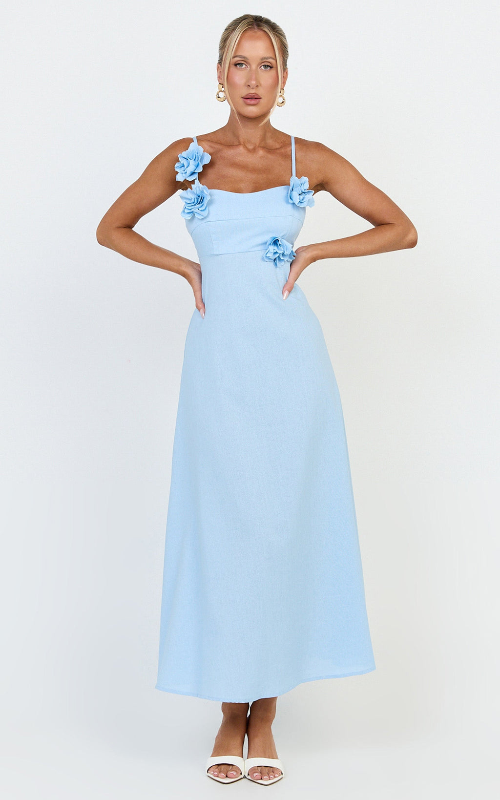 Ondine Midi Dress- 3D Flower Strappy Dress in Blue