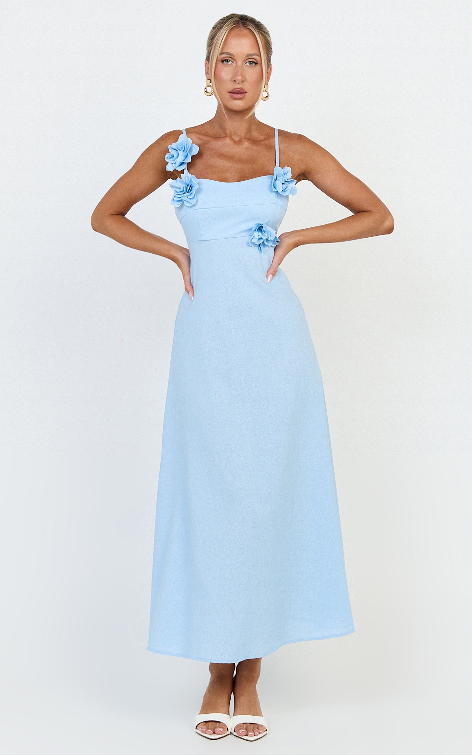 Ondine Midi Dress- 3D Flower Strappy Dress in Blue