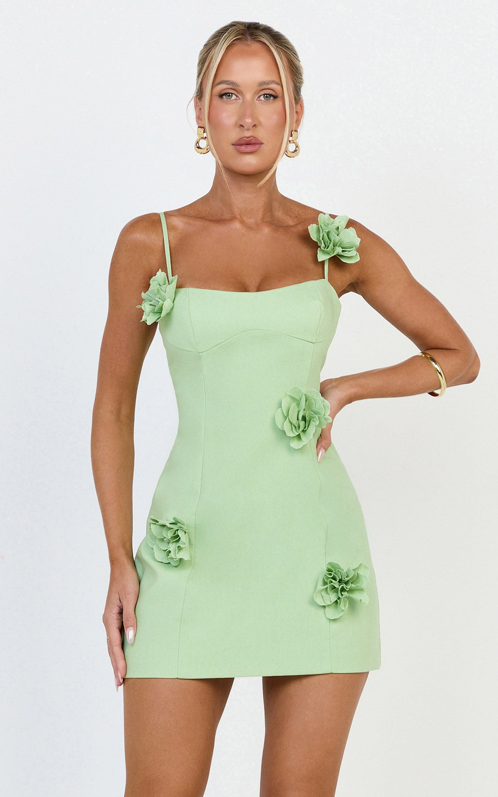 Ondine Mini Dress - 3D Floral Strappy Dress in Apple Green