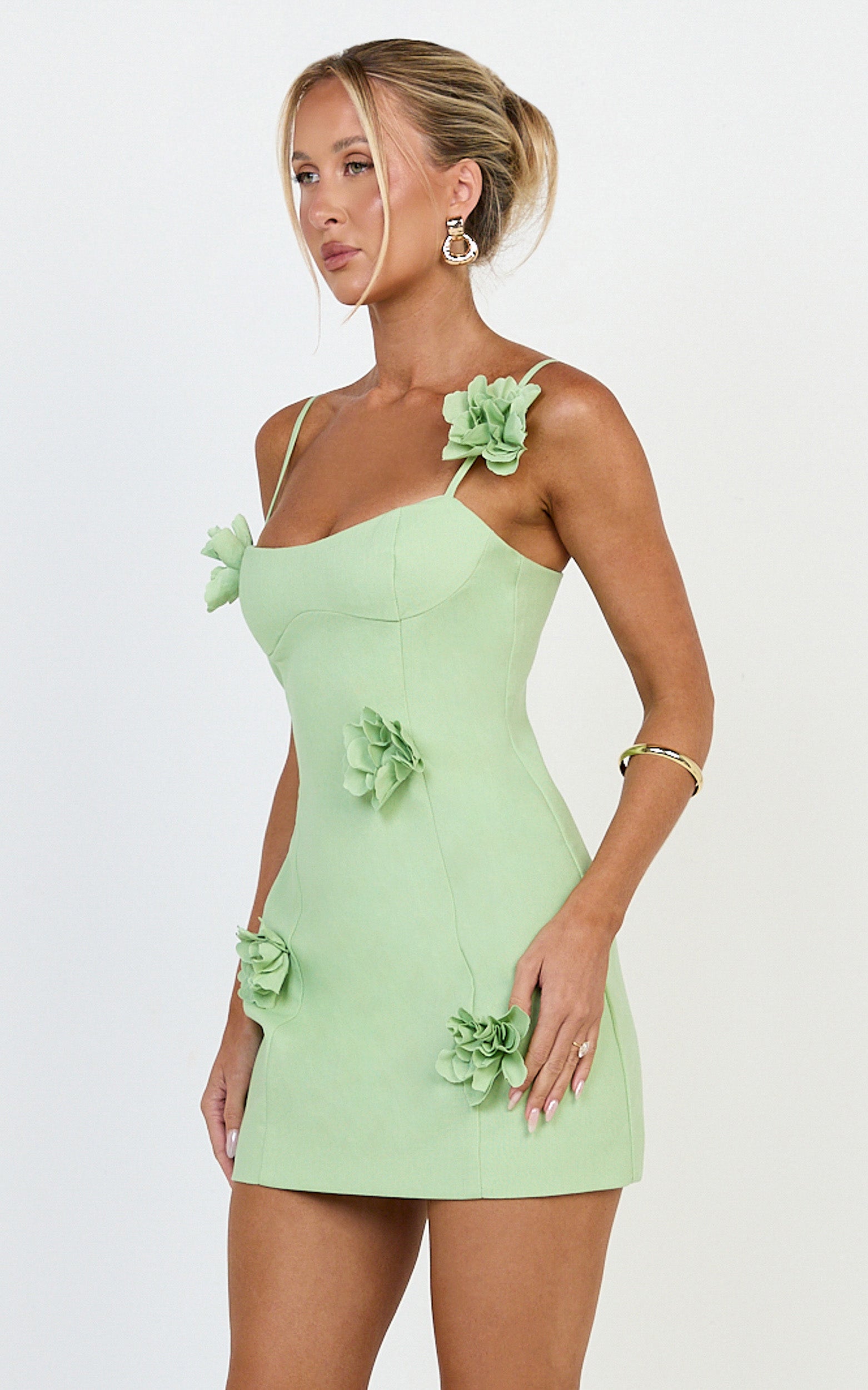 Ondine Mini Dress - 3D Floral Strappy Dress in Apple Green