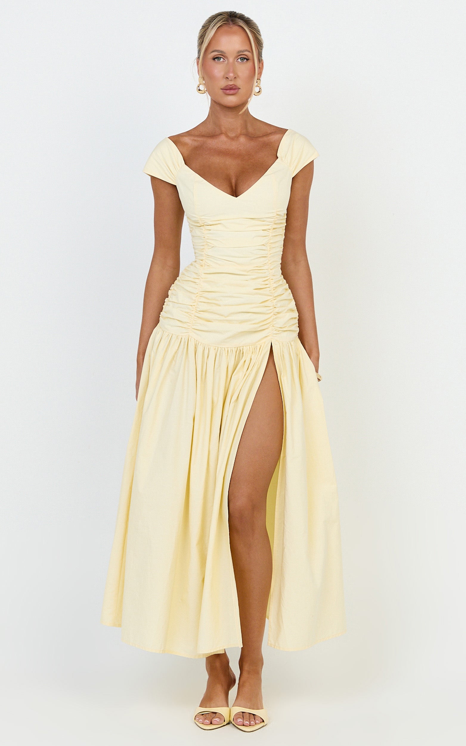 Saphira Midi Dress - Off Shoulder Plunge Frill Hem Dress in Lemon