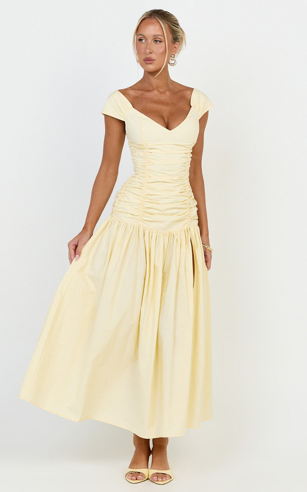 Saphira Midi Dress - Off Shoulder Plunge Frill Hem Dress in Lemon