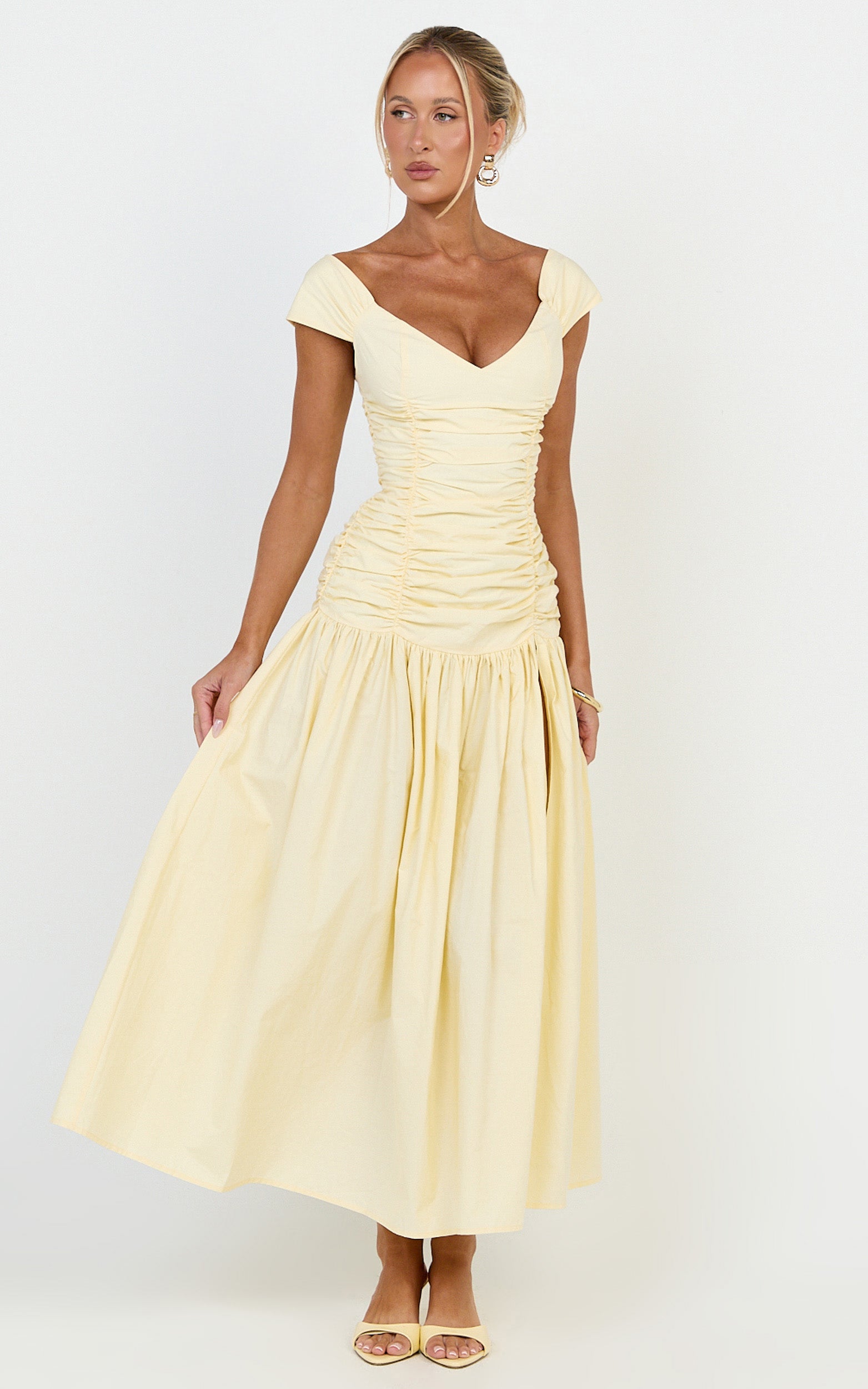 Saphira Midi Dress - Off Shoulder Plunge Frill Hem Dress in Lemon