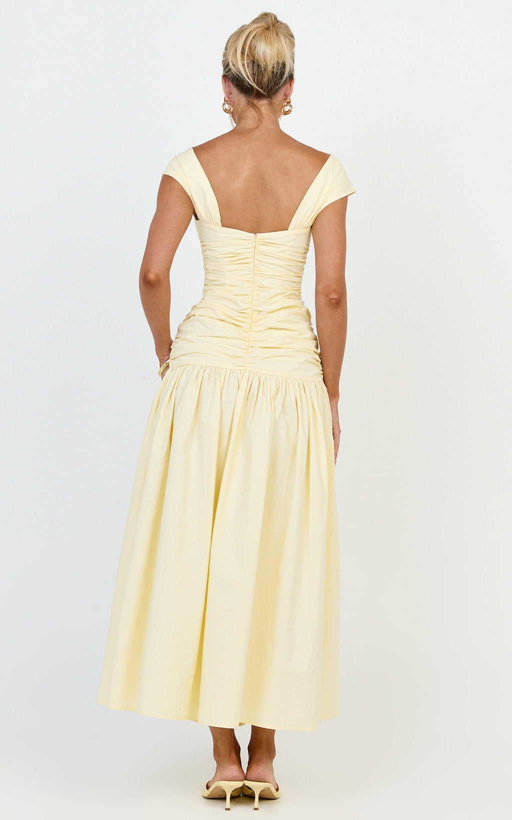 Saphira Midi Dress - Off Shoulder Plunge Frill Hem Dress in Lemon