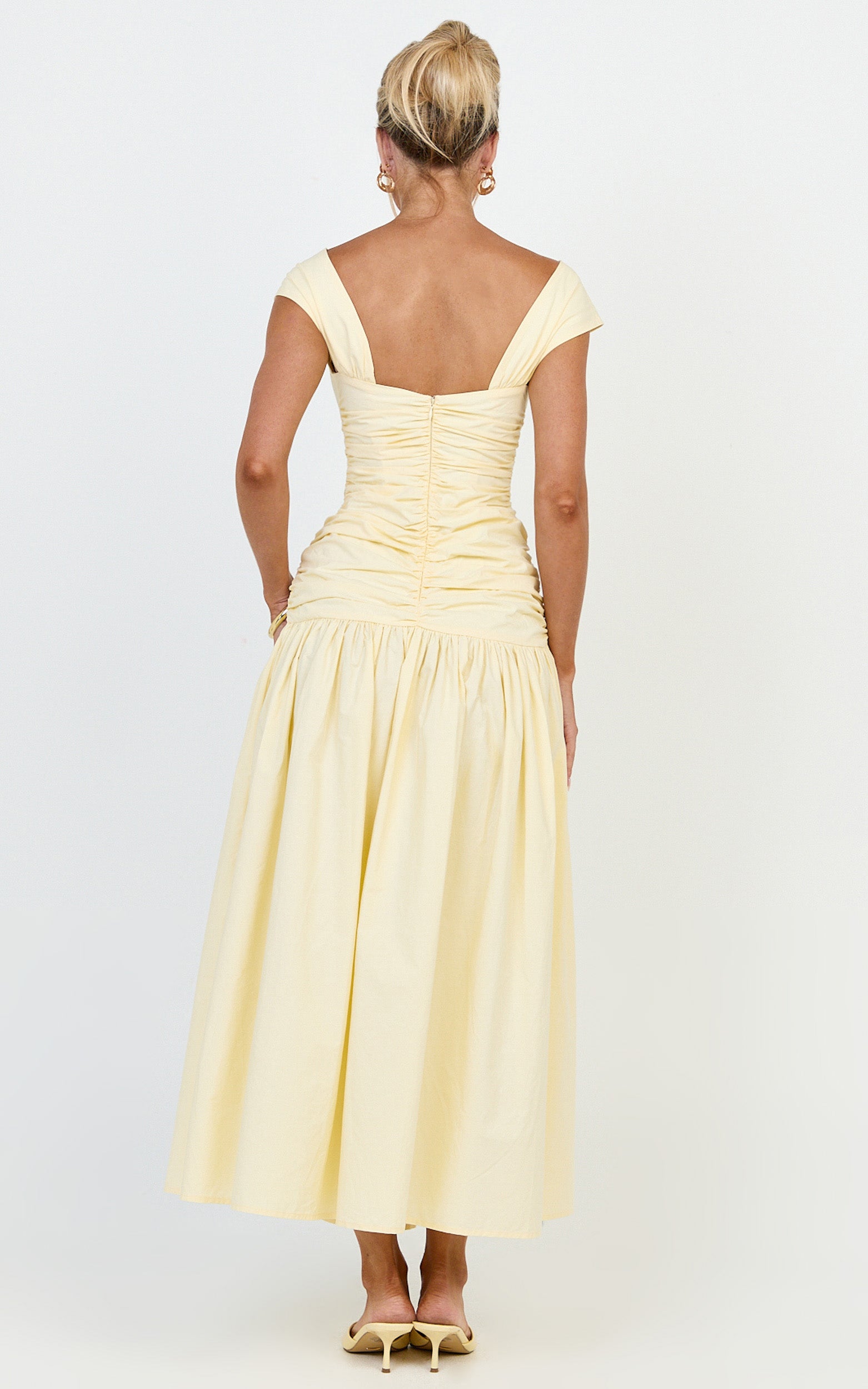 Saphira Midi Dress - Off Shoulder Plunge Frill Hem Dress in Lemon