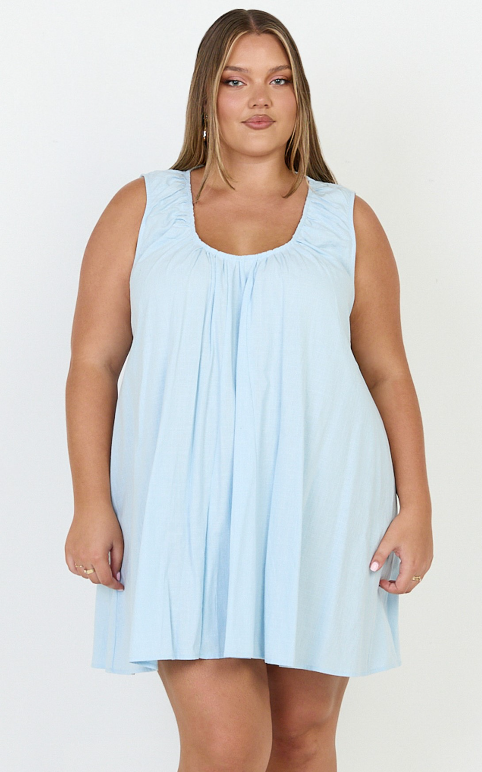 Lucinda Mini Dress - Deep U Gathered Neck Smock Dress in Pale Blue
