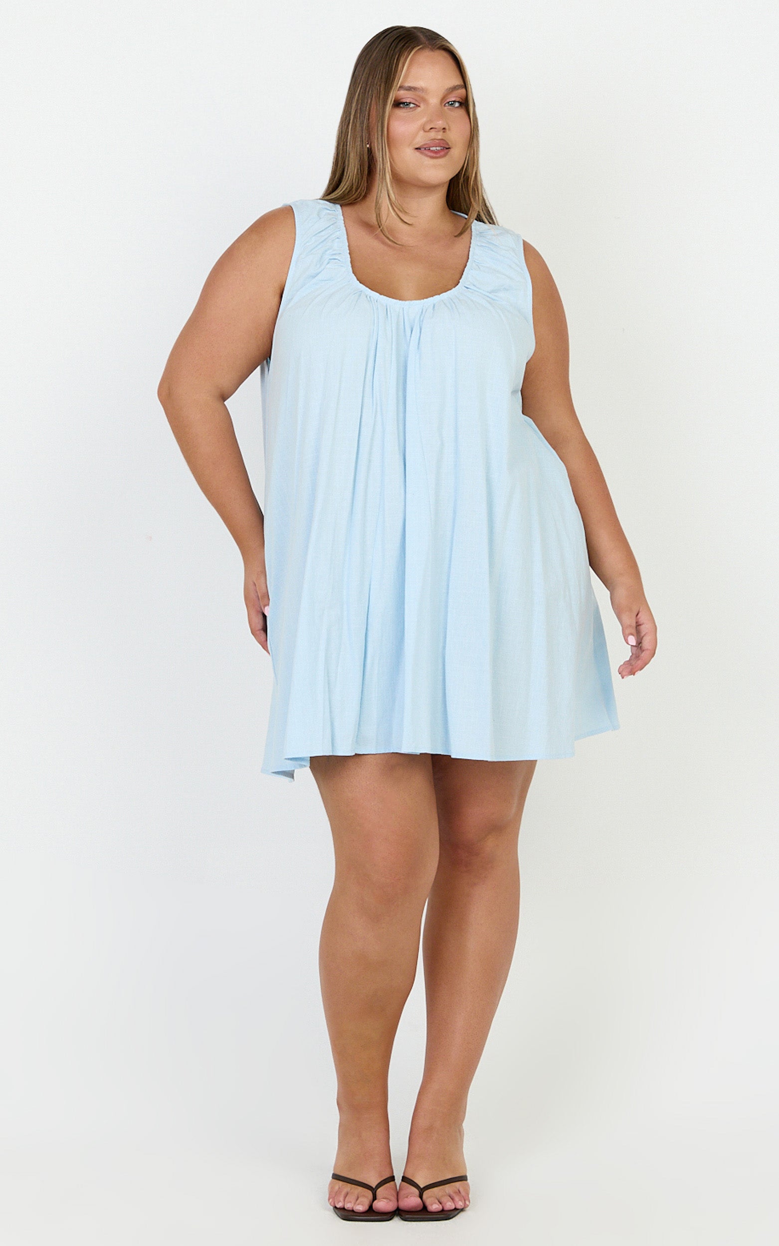 Lucinda Mini Dress - Deep U Gathered Neck Smock Dress in Pale Blue