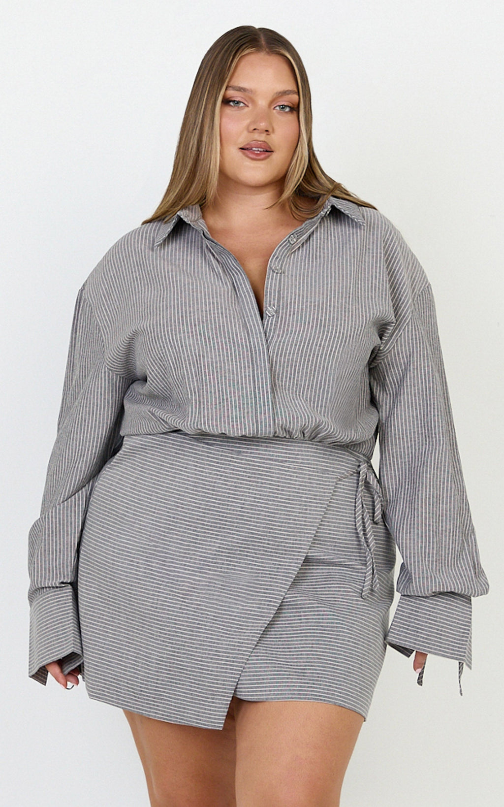 Heath Mini Dress - Collared Button Up Shirt Dress in Grey Stripe