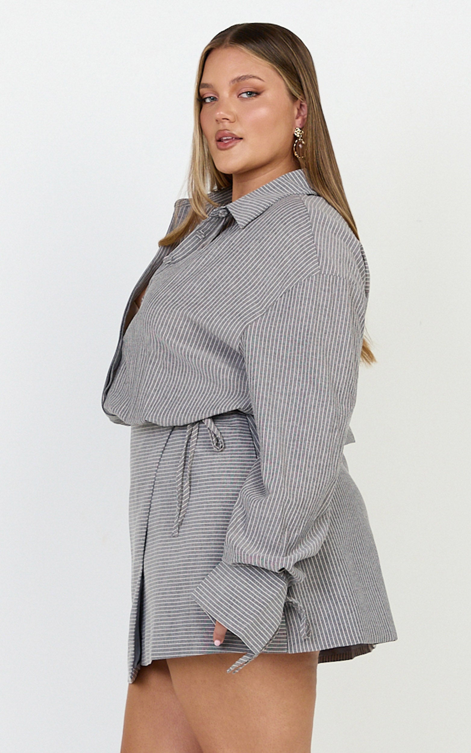 Heath Mini Dress - Collared Button Up Shirt Dress in Grey Stripe
