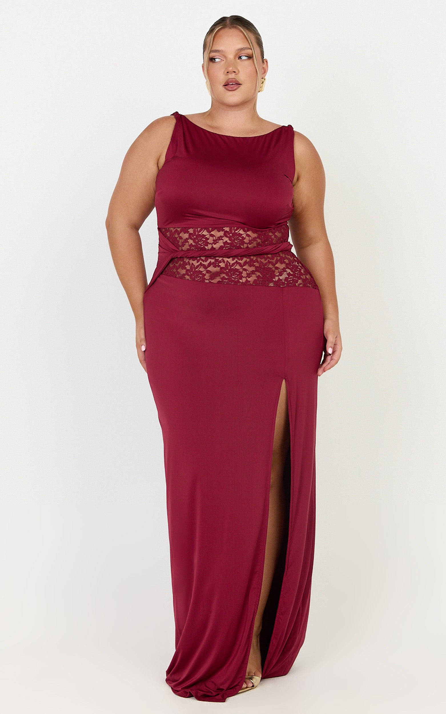 Alberta Maxi Dress - Spliced Sheer Lace Column Dress in Wine