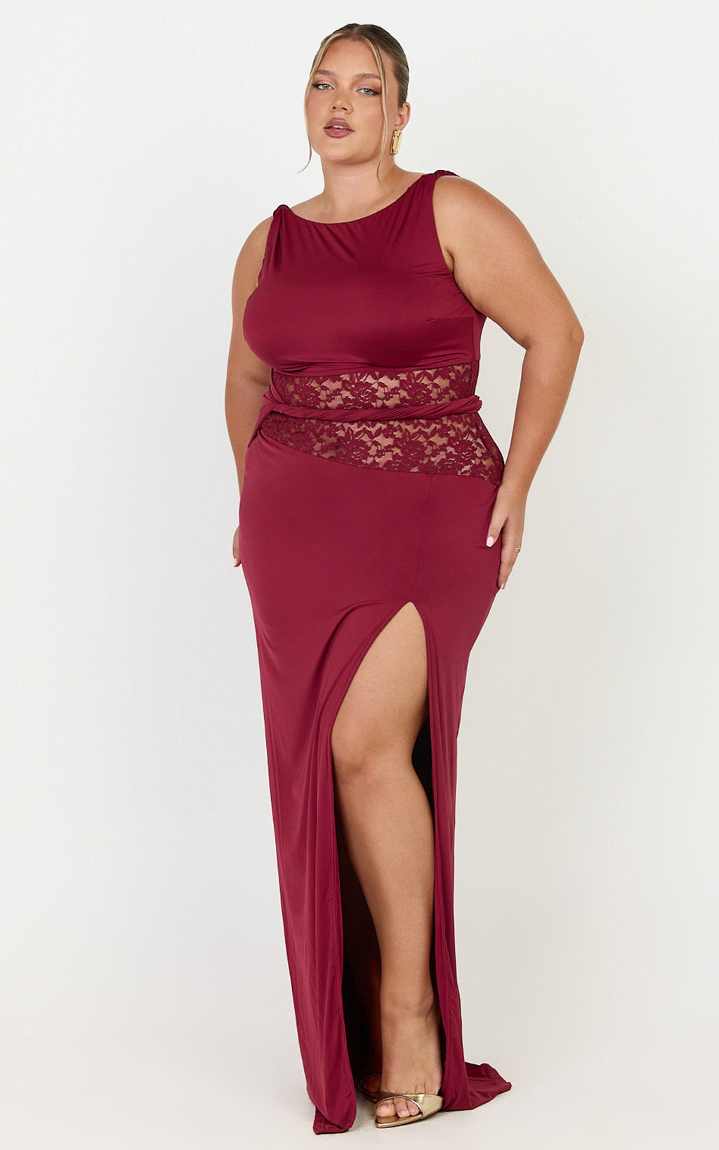 Alberta Maxi Dress - Spliced Sheer Lace Column Dress in Wine