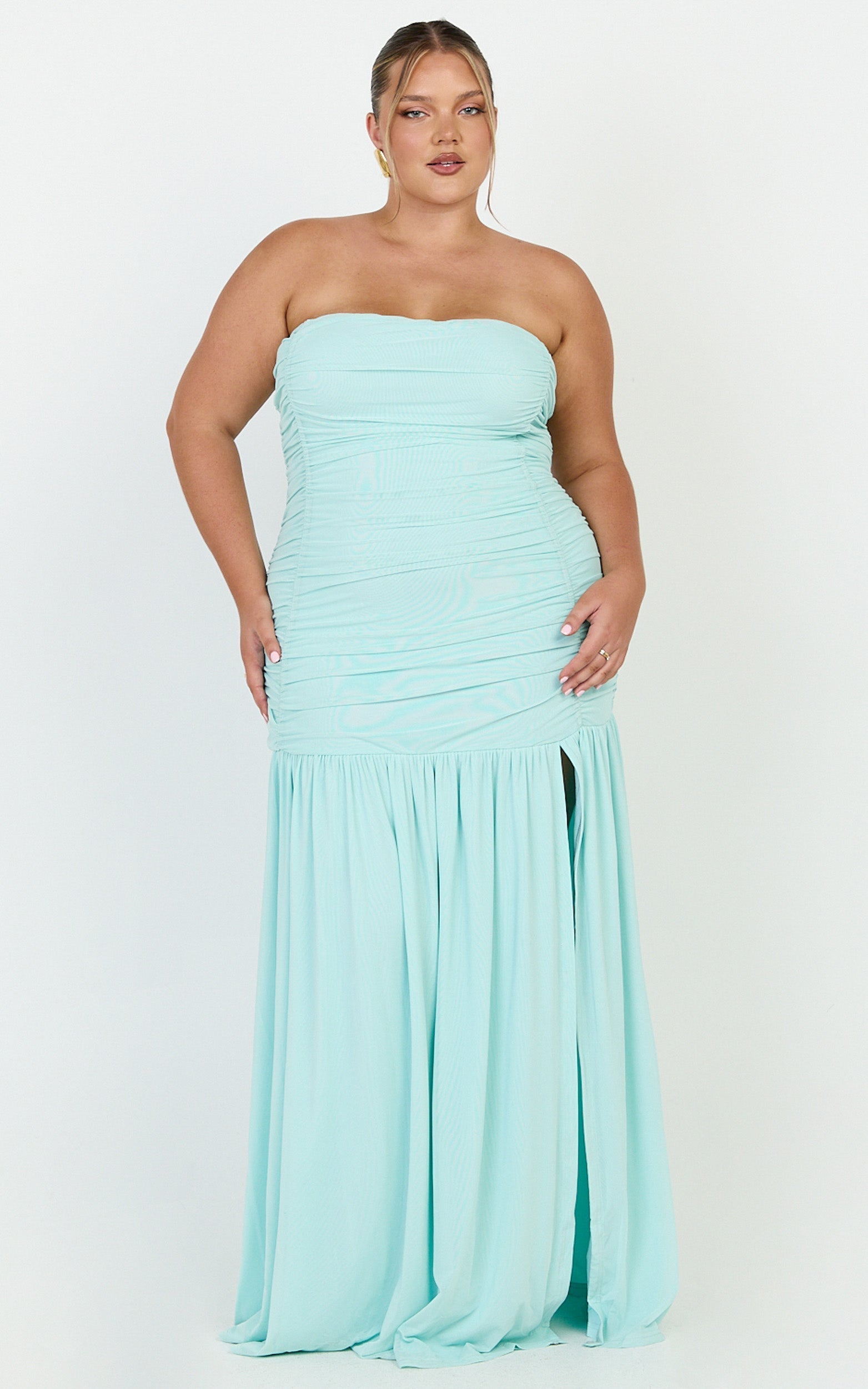 Marguerite Maxi Dress - Strapless Ruched Mesh High Leg Split Dress in Mint