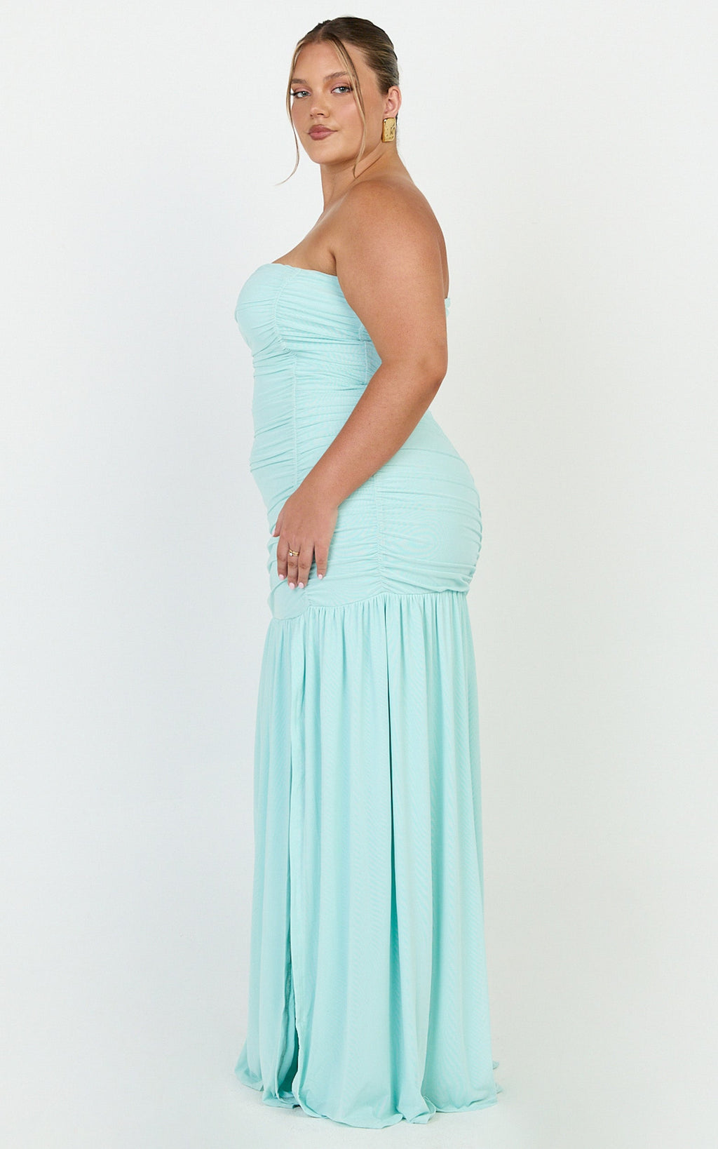 Marguerite Maxi Dress - Strapless Ruched Mesh High Leg Split Dress in Mint