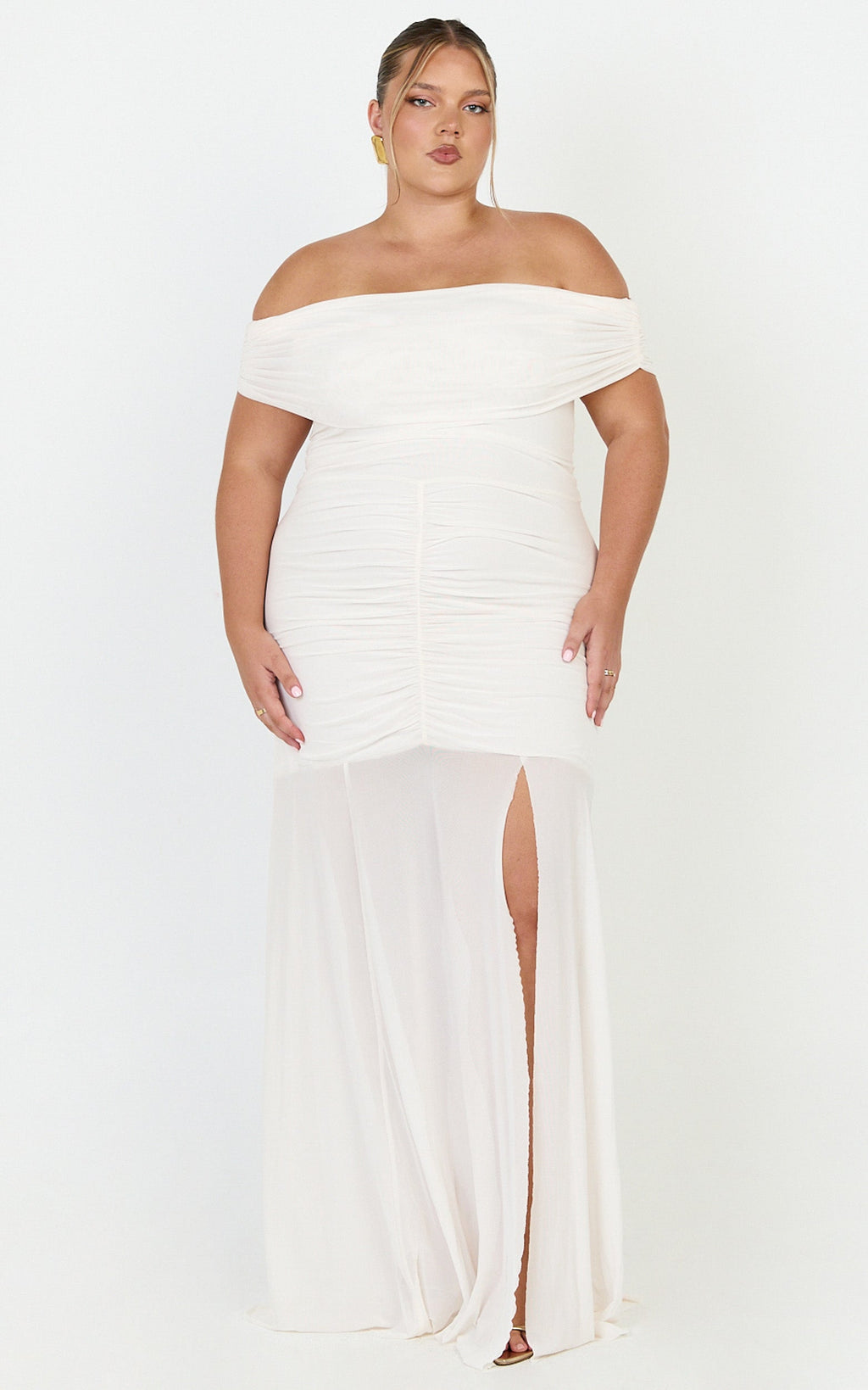 Alanna Maxi Dress - Off Shoulder Ruched Mesh Dress in Cream