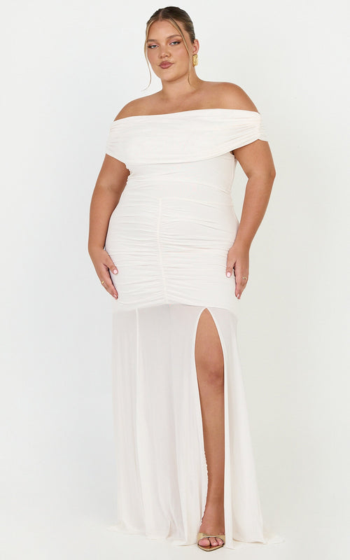 Alanna Maxi Dress - Off Shoulder Ruched Mesh Dress in Cream