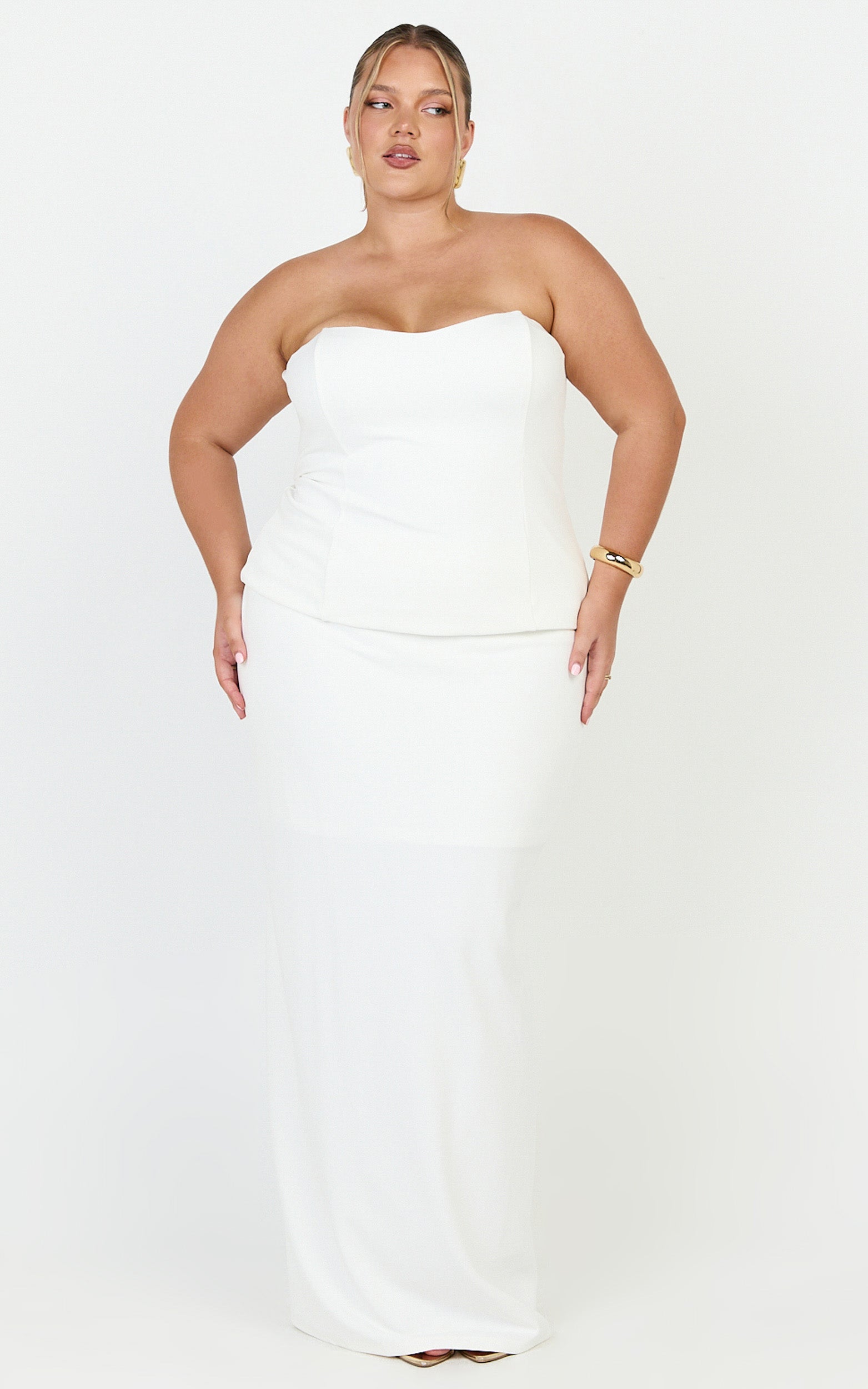 Anya Two Piece Top and Skirt Set - Strapless Fit And Flare Top And Maxi Skirt in Cream