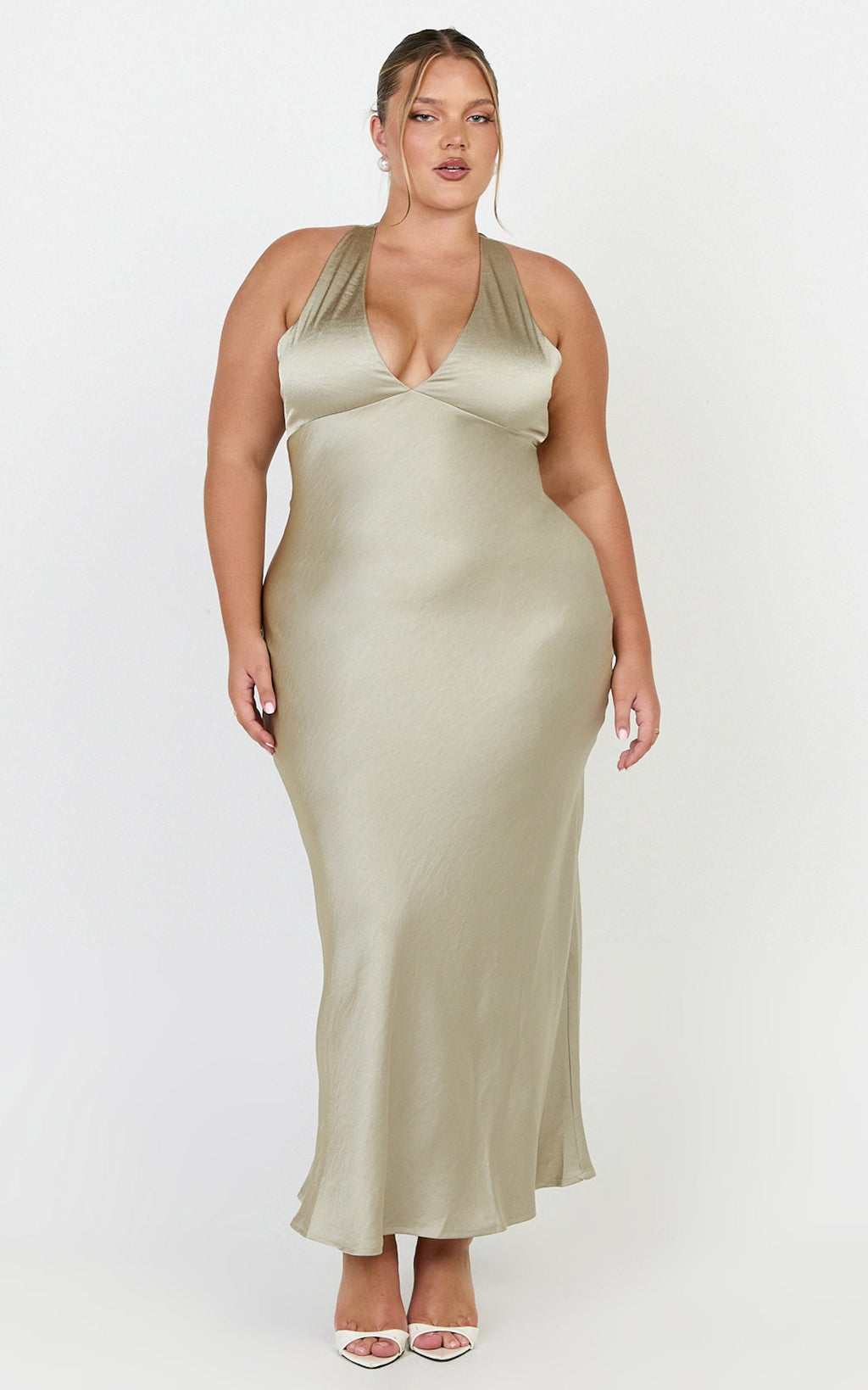 Khalani Maxi Dress - Deep V Neck Satin Slip Dress in Light Olive