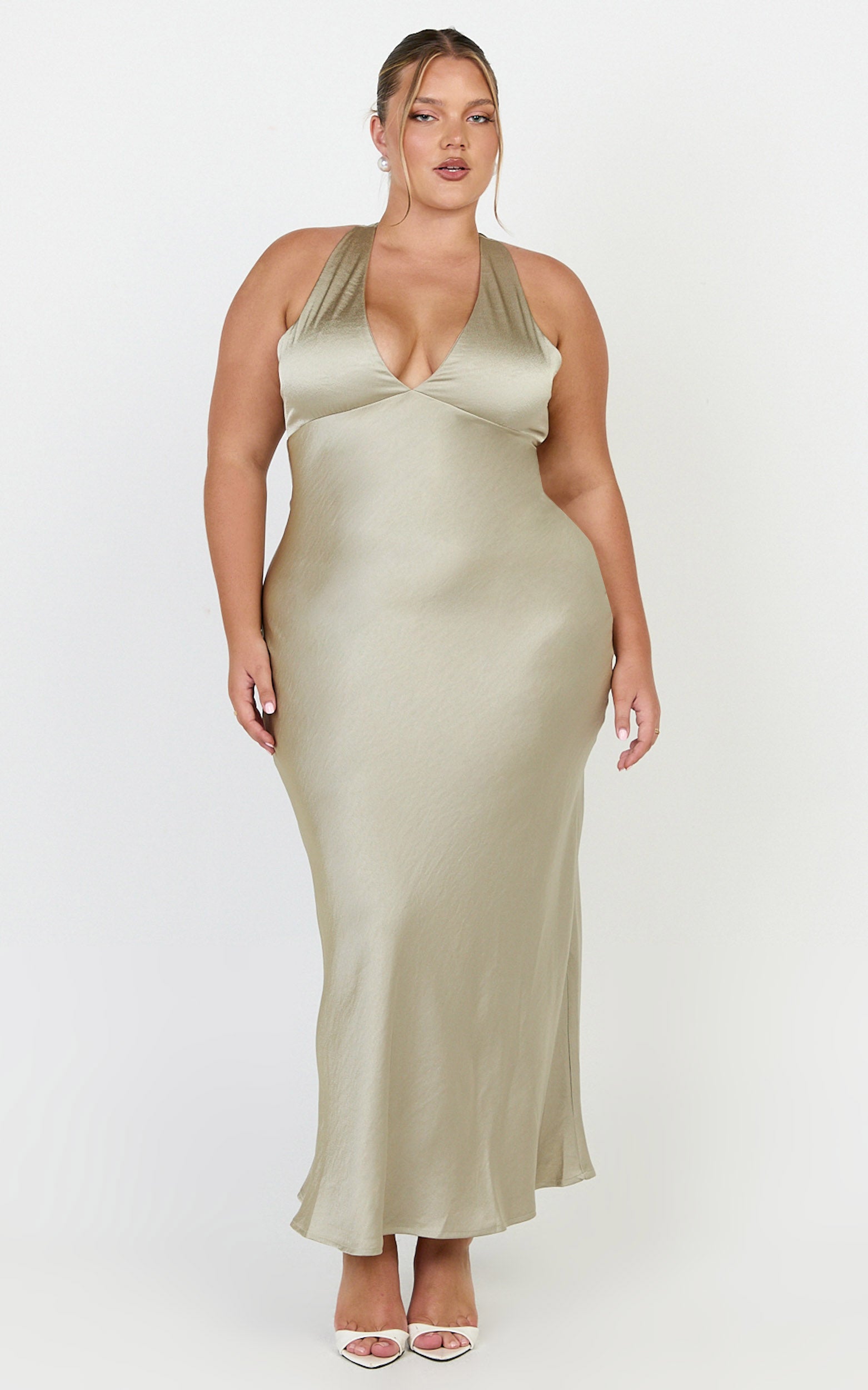 Khalani Maxi Dress - Deep V Neck Satin Slip Dress in Light Olive