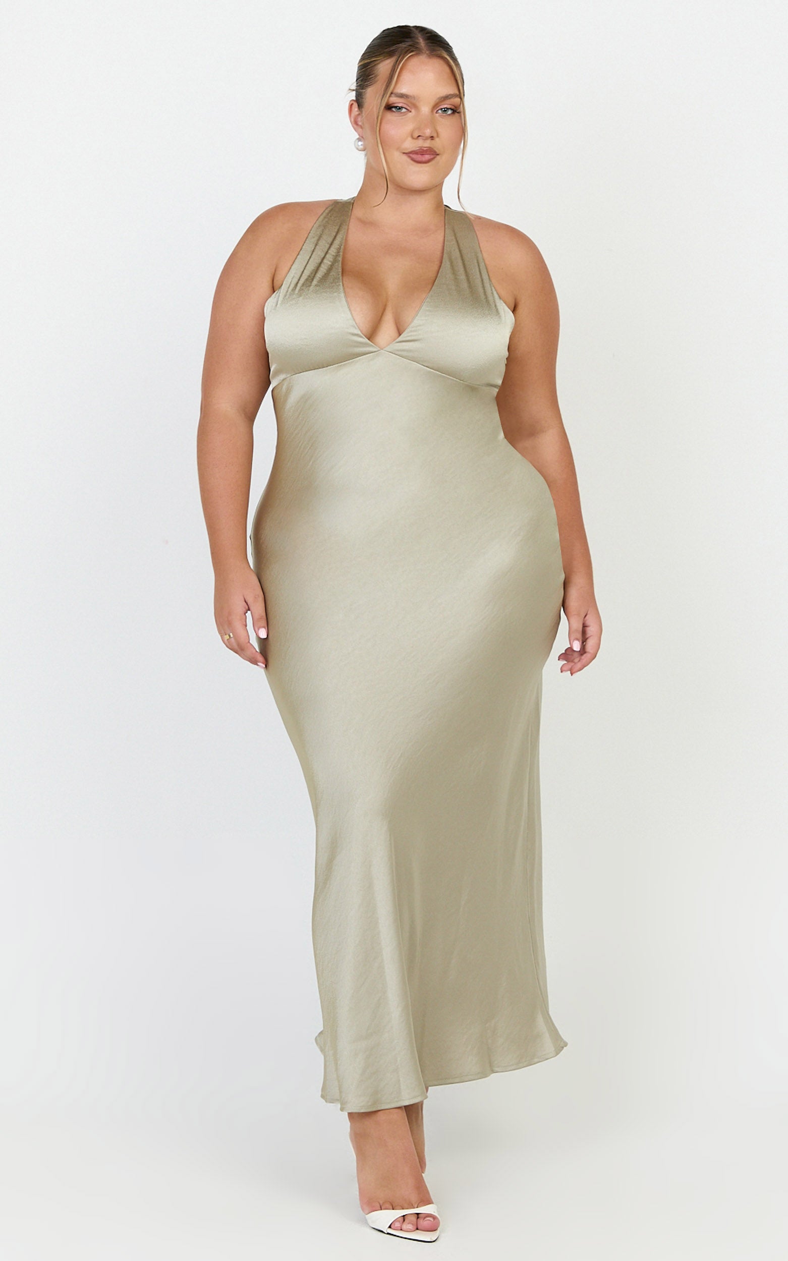 Khalani Maxi Dress - Deep V Neck Satin Slip Dress in Light Olive