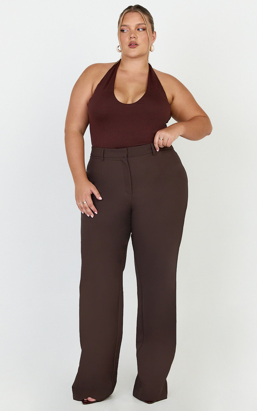 Sally Pants - Mid Waisted Straight Leg Tailored Pants in Chocolate