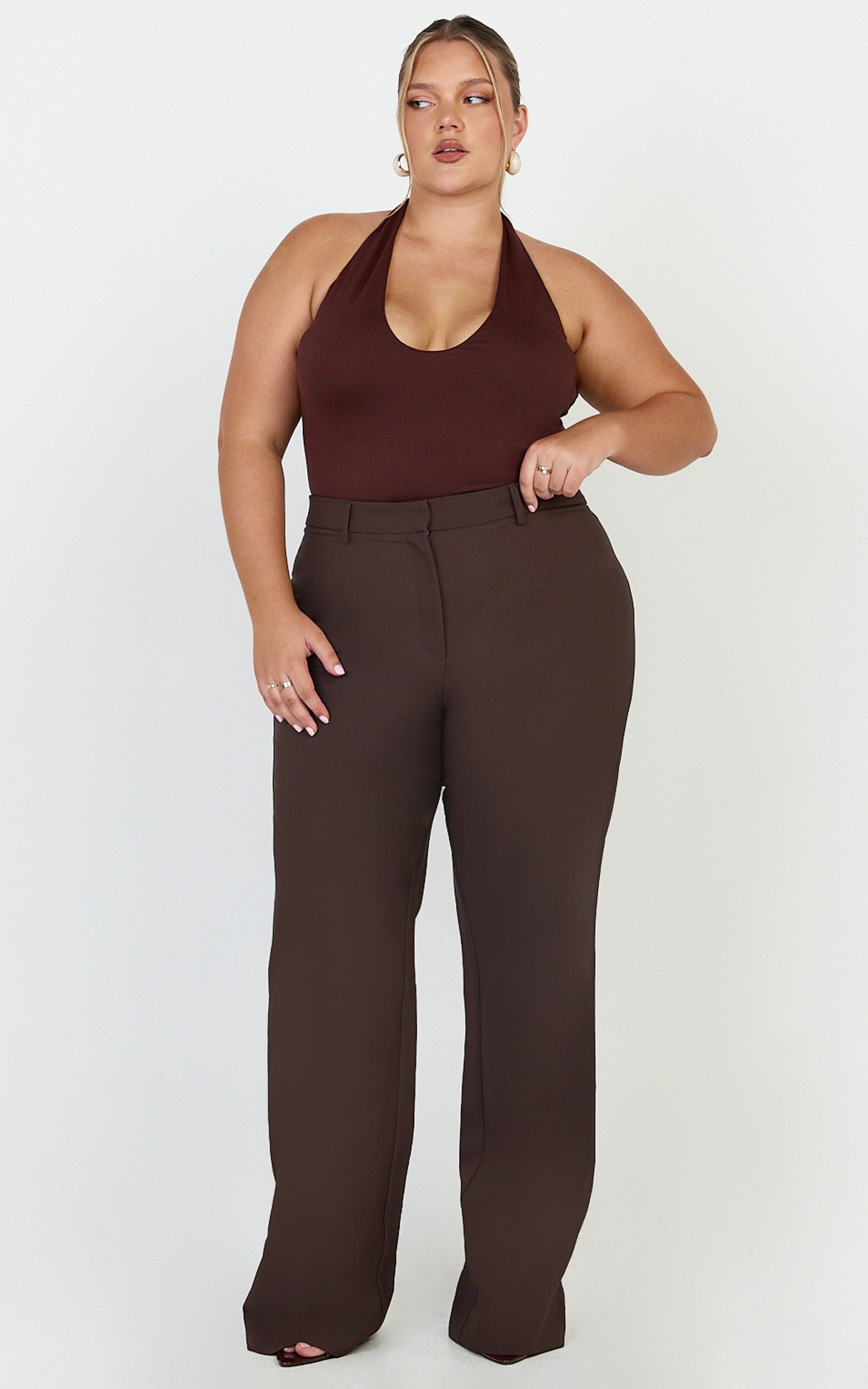 Sally Pants - Mid Waisted Straight Leg Tailored Pants in Chocolate
