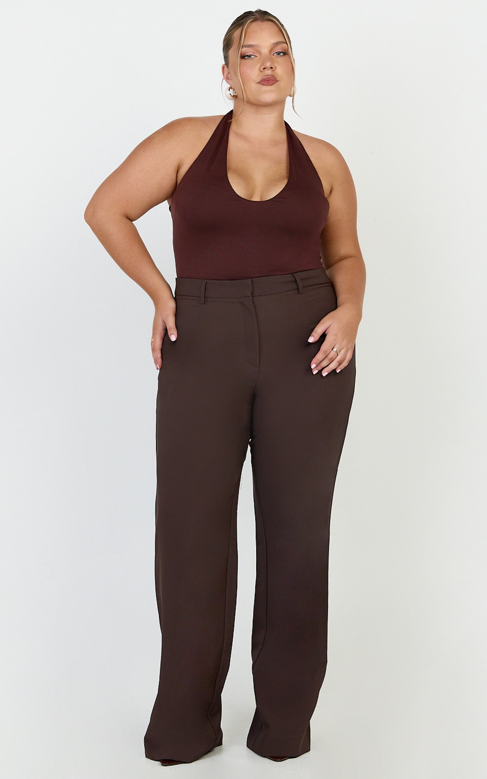 Sally Pants - Mid Waisted Straight Leg Tailored Pants in Chocolate