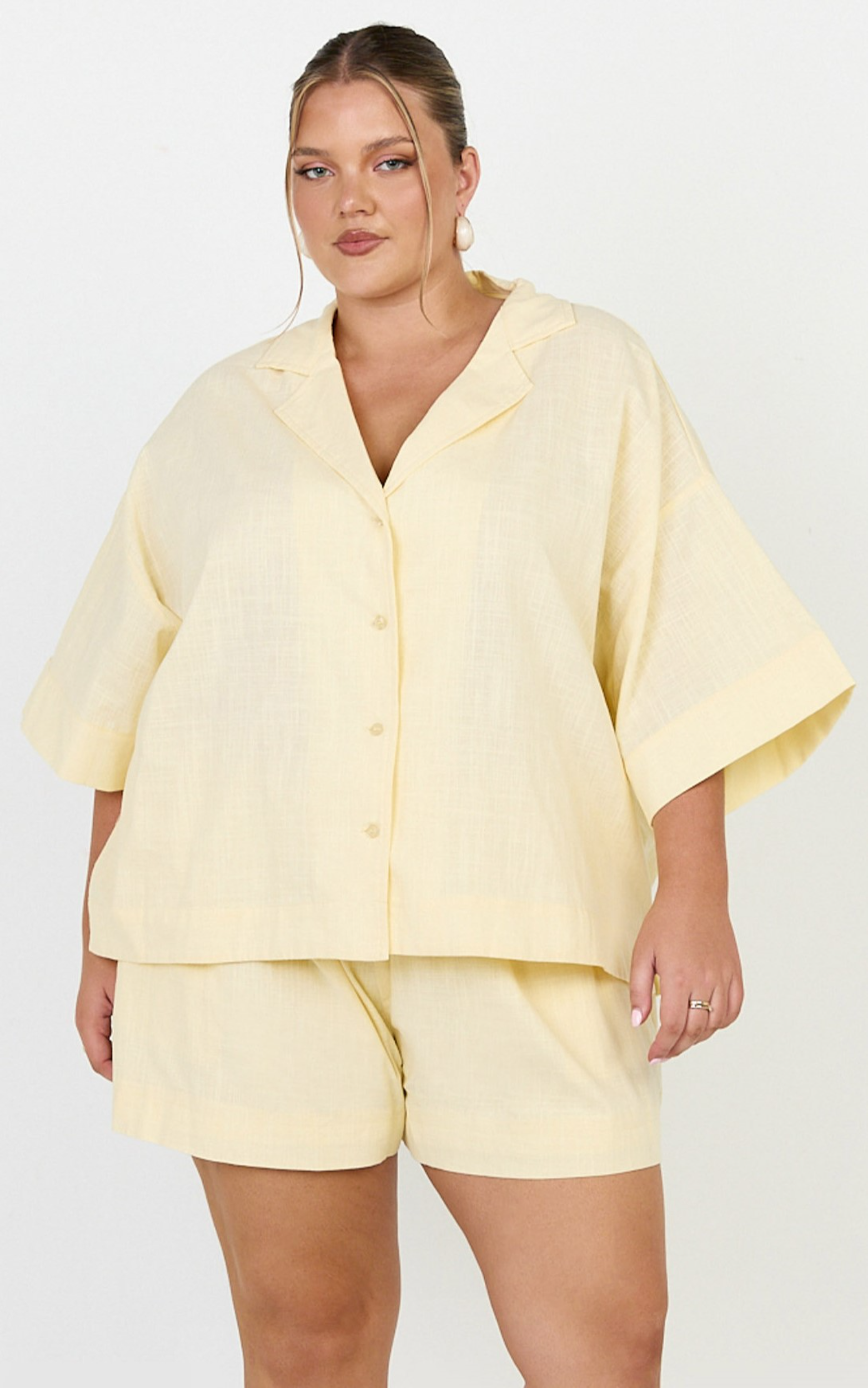 Saina Two Piece Set - Button Through Shirt and Drawstring Shorts Set in Butter Lemon