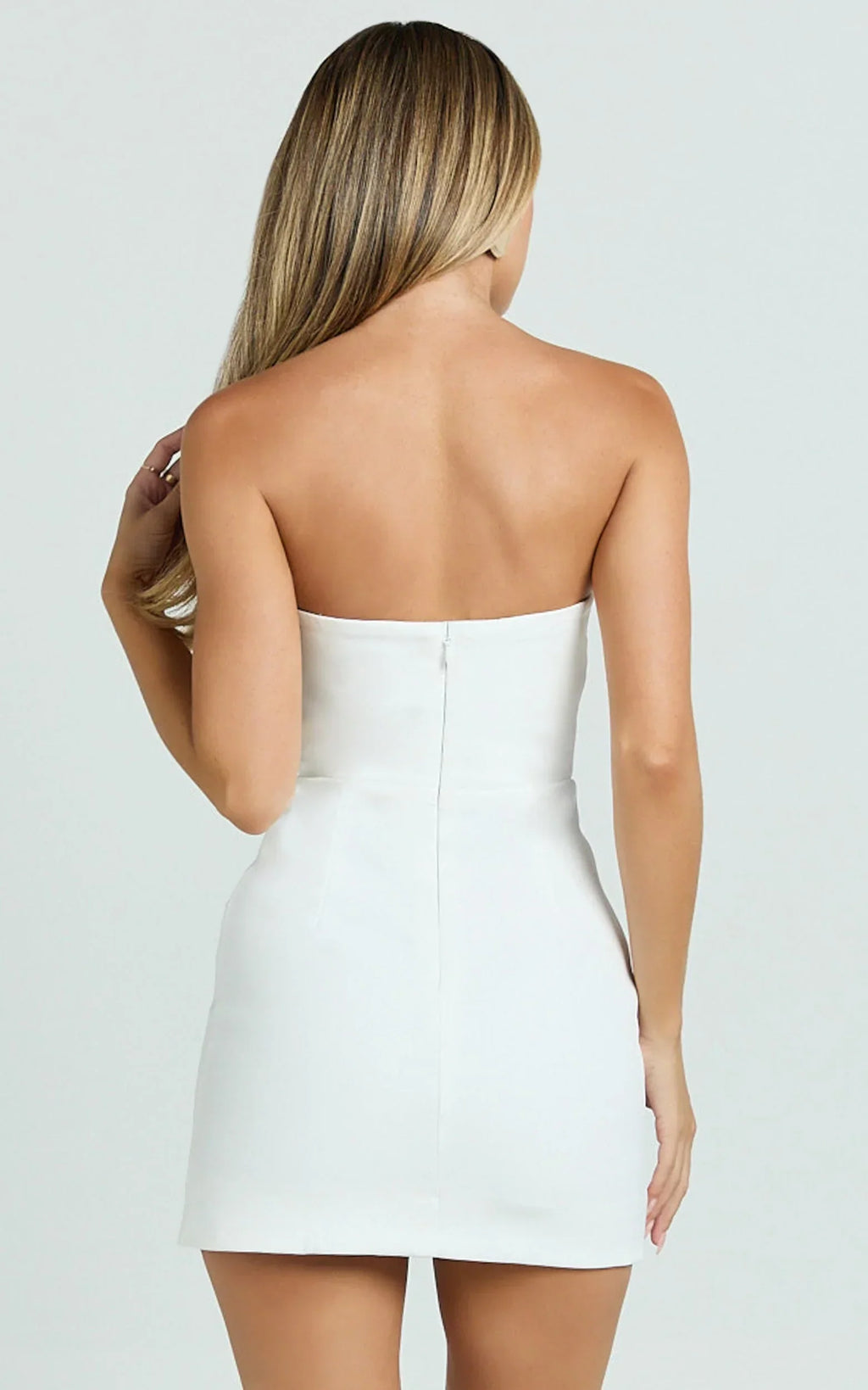 Adora Mini Dress - Strapless Bow Detail Split Dress in White