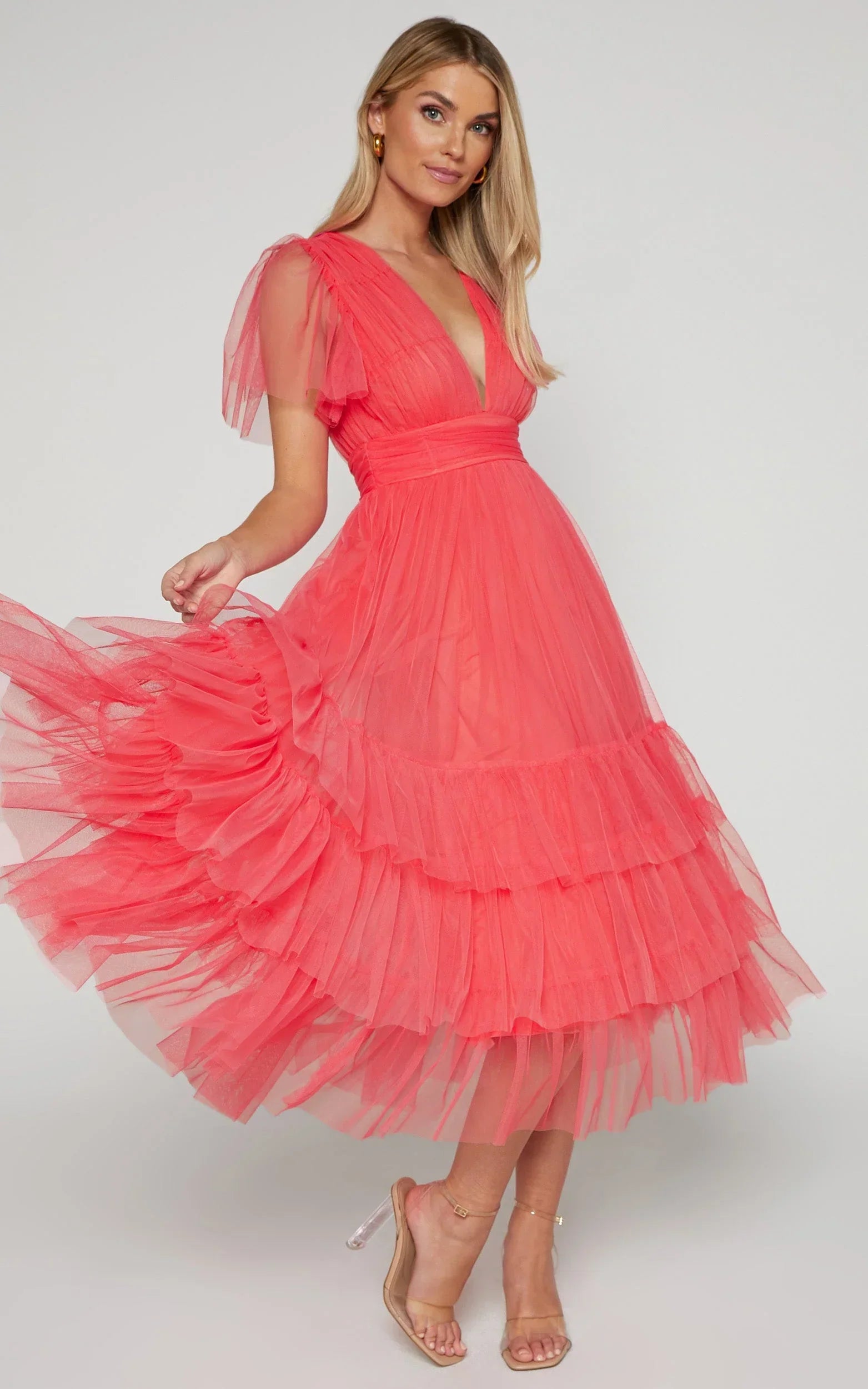 Jiraye Midi Dress - Flutter Sleeve Tuelle Plunge Dress in Coral