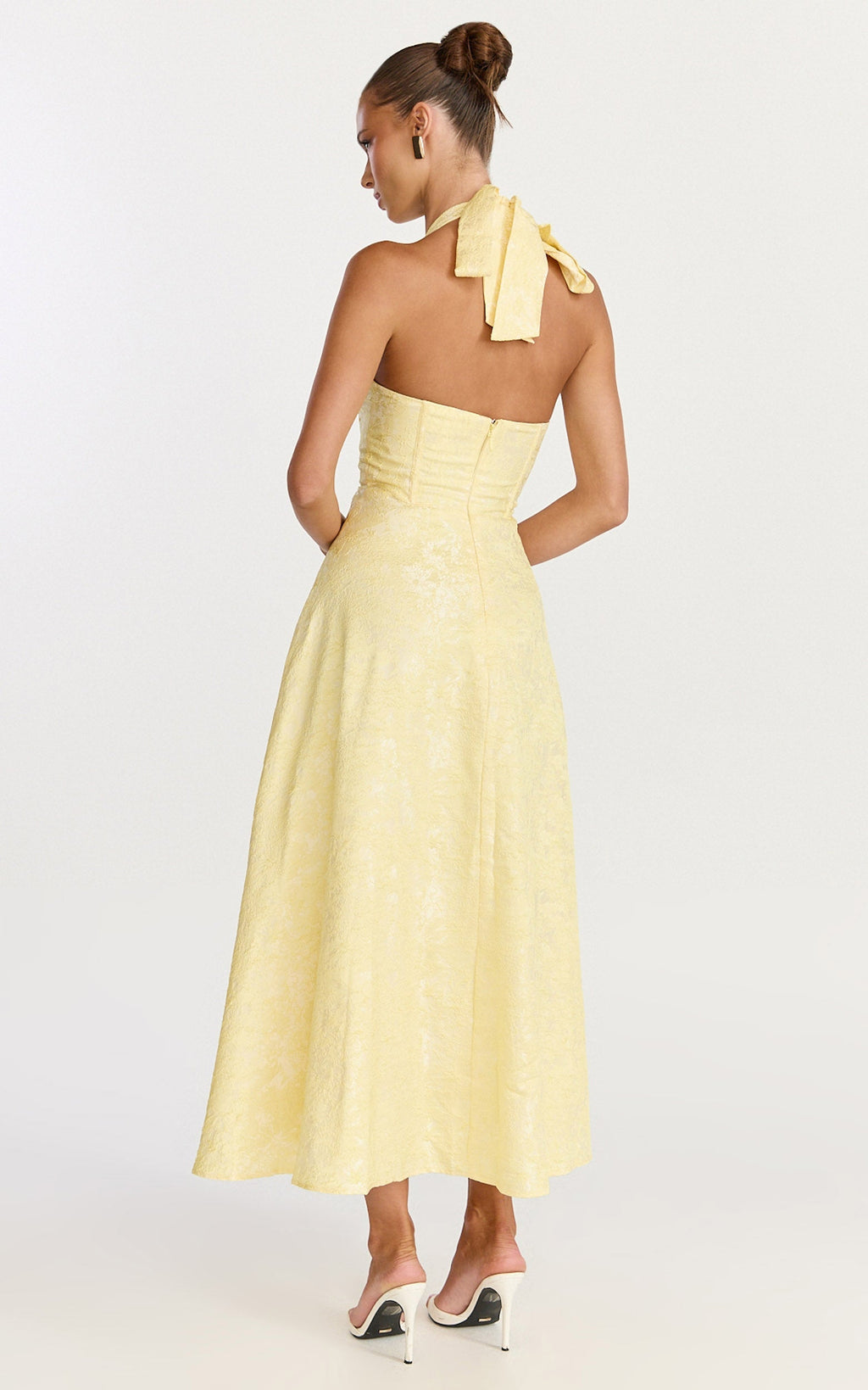 Faith Midi Dress - Jacquard Plunge Halter Tie Neck Fit And Flare Dress in Yellow