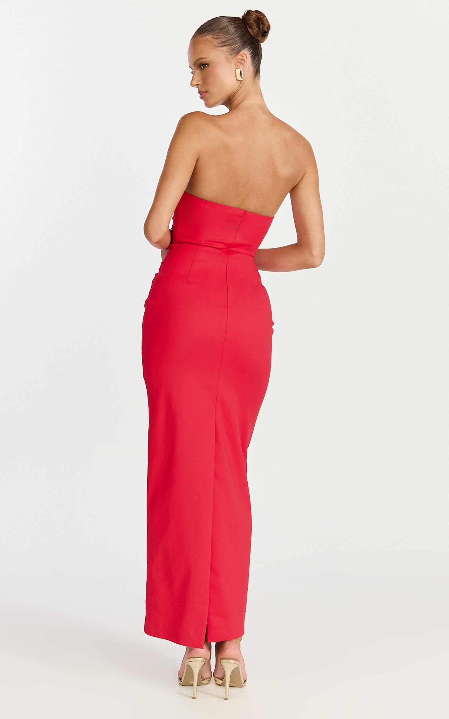 Pietra Midi Dress - Scoop Neck Side Seam Tucks Fitted Dress in Red