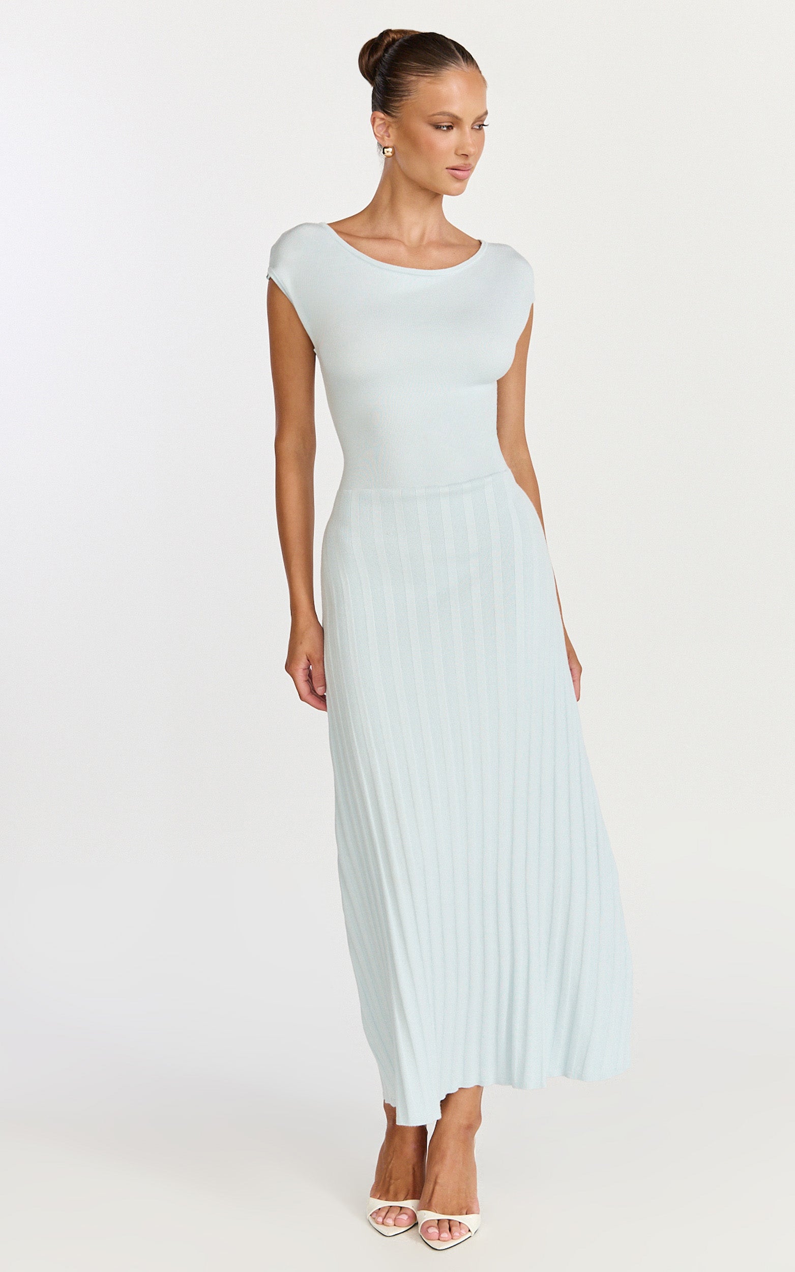 Jadey Midi Dress - Cap Sleeve Pleated Dress in Pale Blue