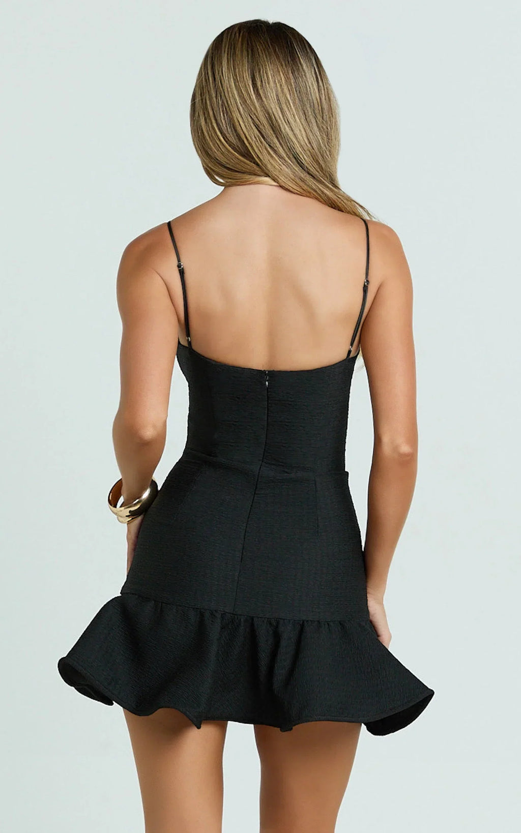Sammie Mini Dress - Scoop Neck Hem Frill Fitted Dress in Black