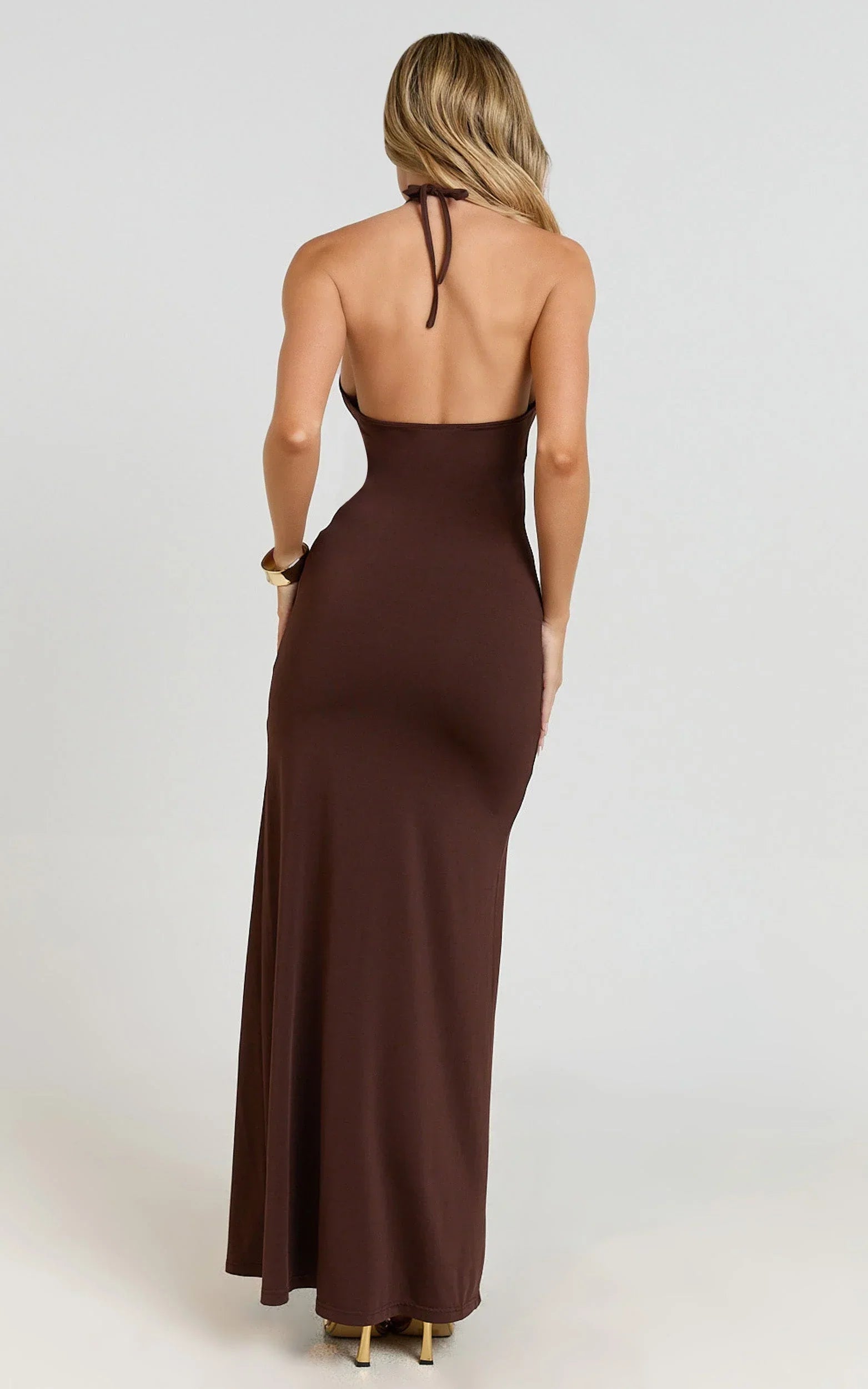 Izira Maxi Dress - Jersey Plunge Keyhole Bodycon Dress in Chocolate