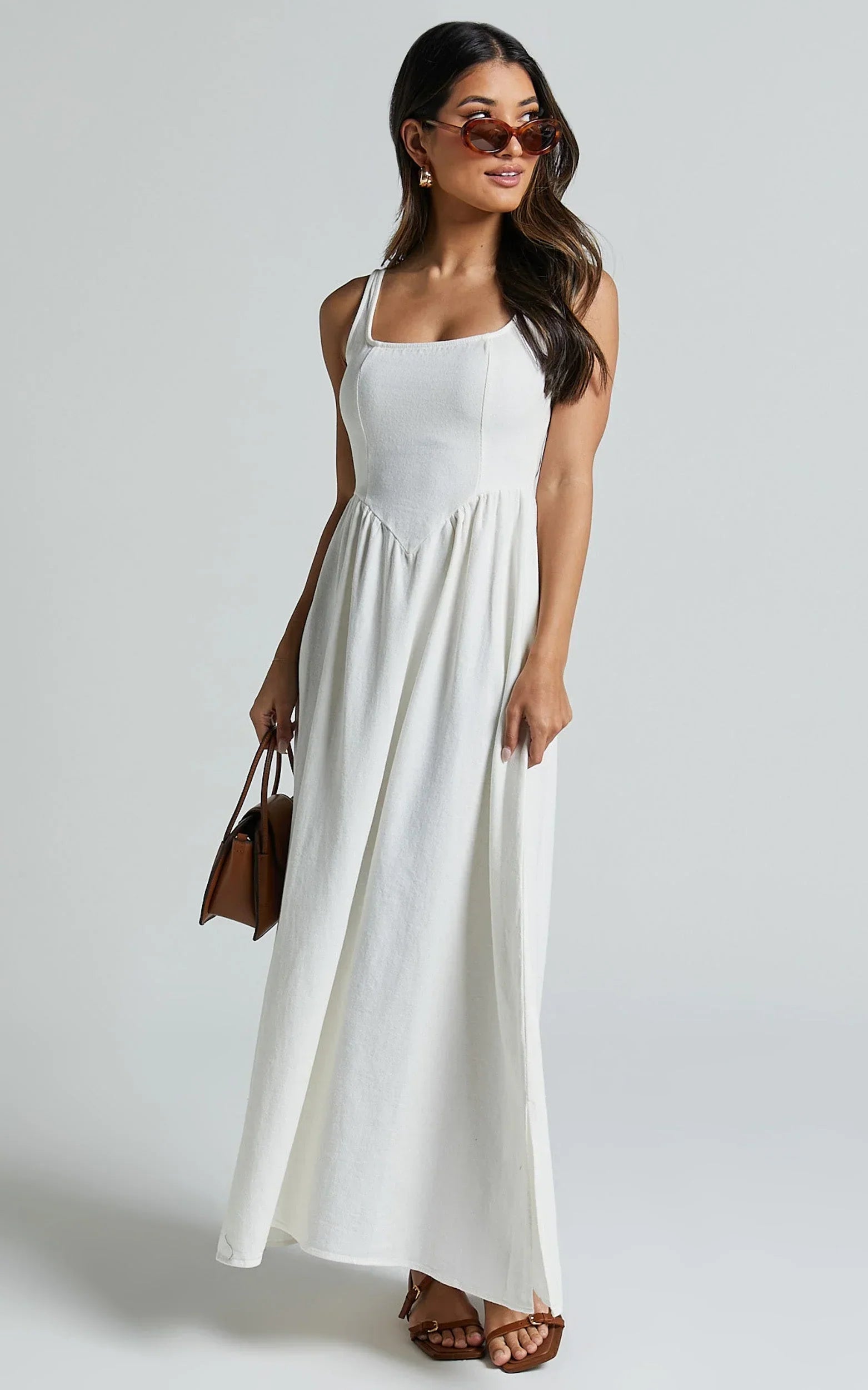 Rhaziya Midi Dress - Sleeveless Straight Neck Fit and Flare Dress in White
