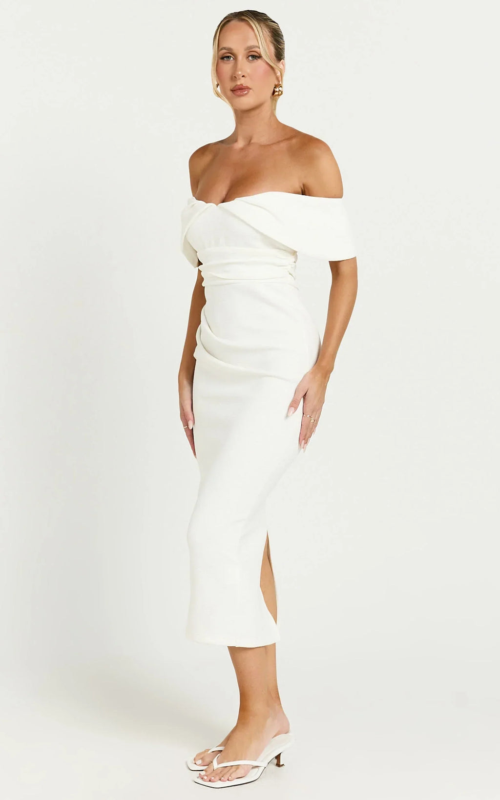 Noraly Midi Dress - Off The Shoulder Slip Dress in White