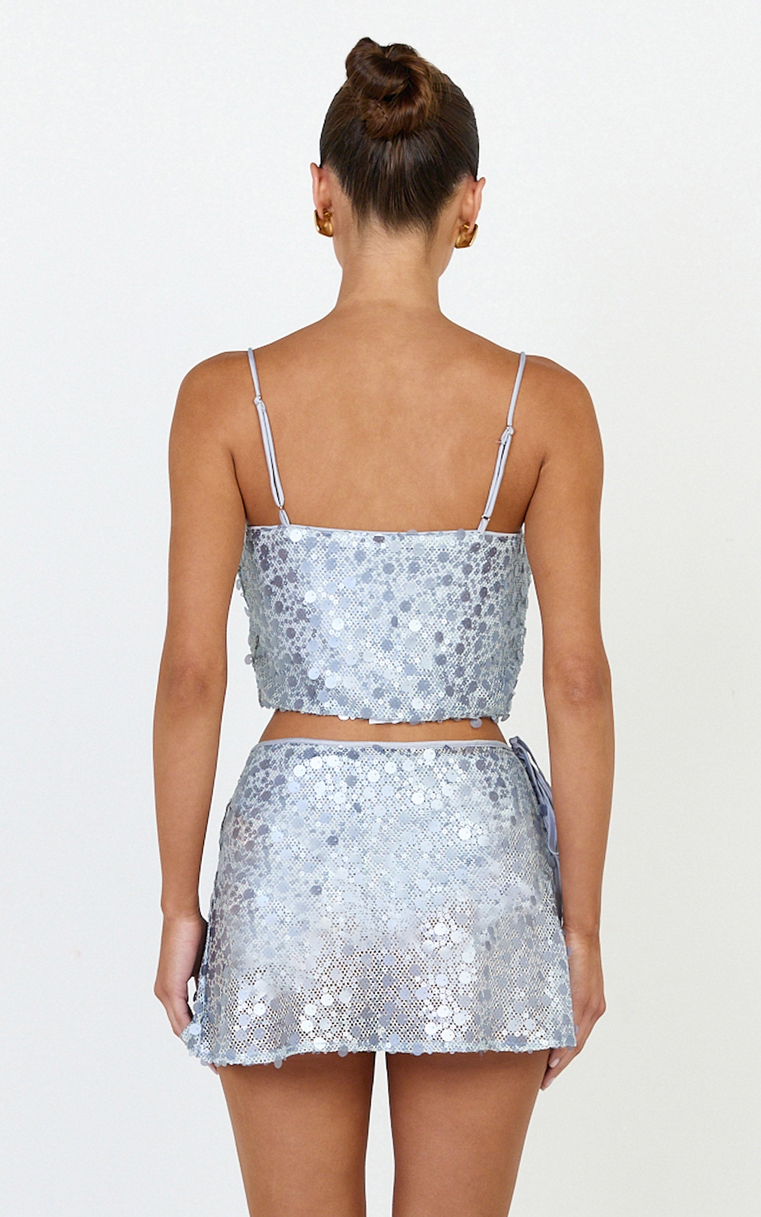 Kai Two Piece Top and Skirt Set - Sequin Crop Top and Wrap Tie Side Mini Skirt in Light Blue